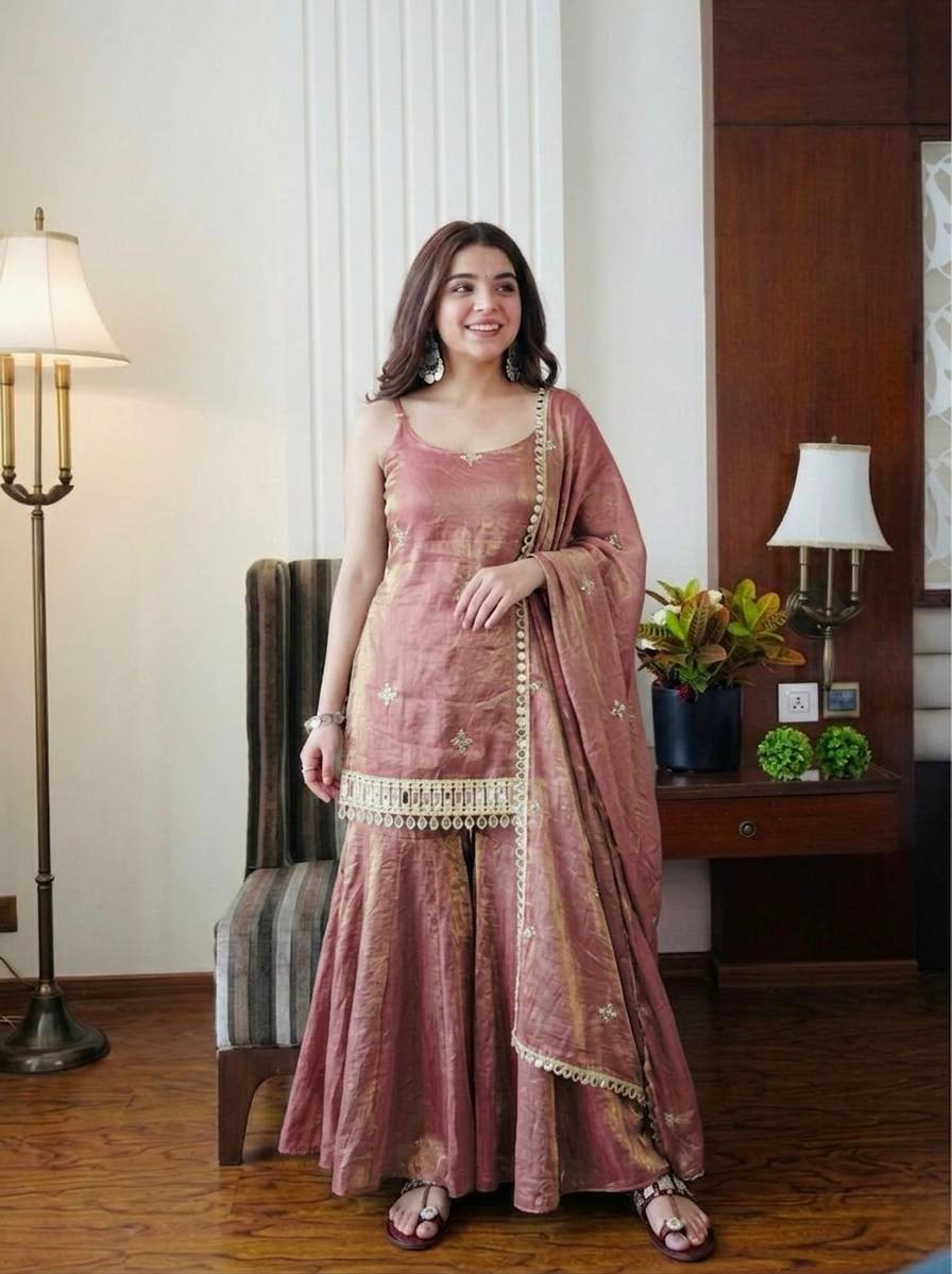Dusty Rose Color Fendy Silk Sharara Set with Mirror Work for Women | Festive Wear