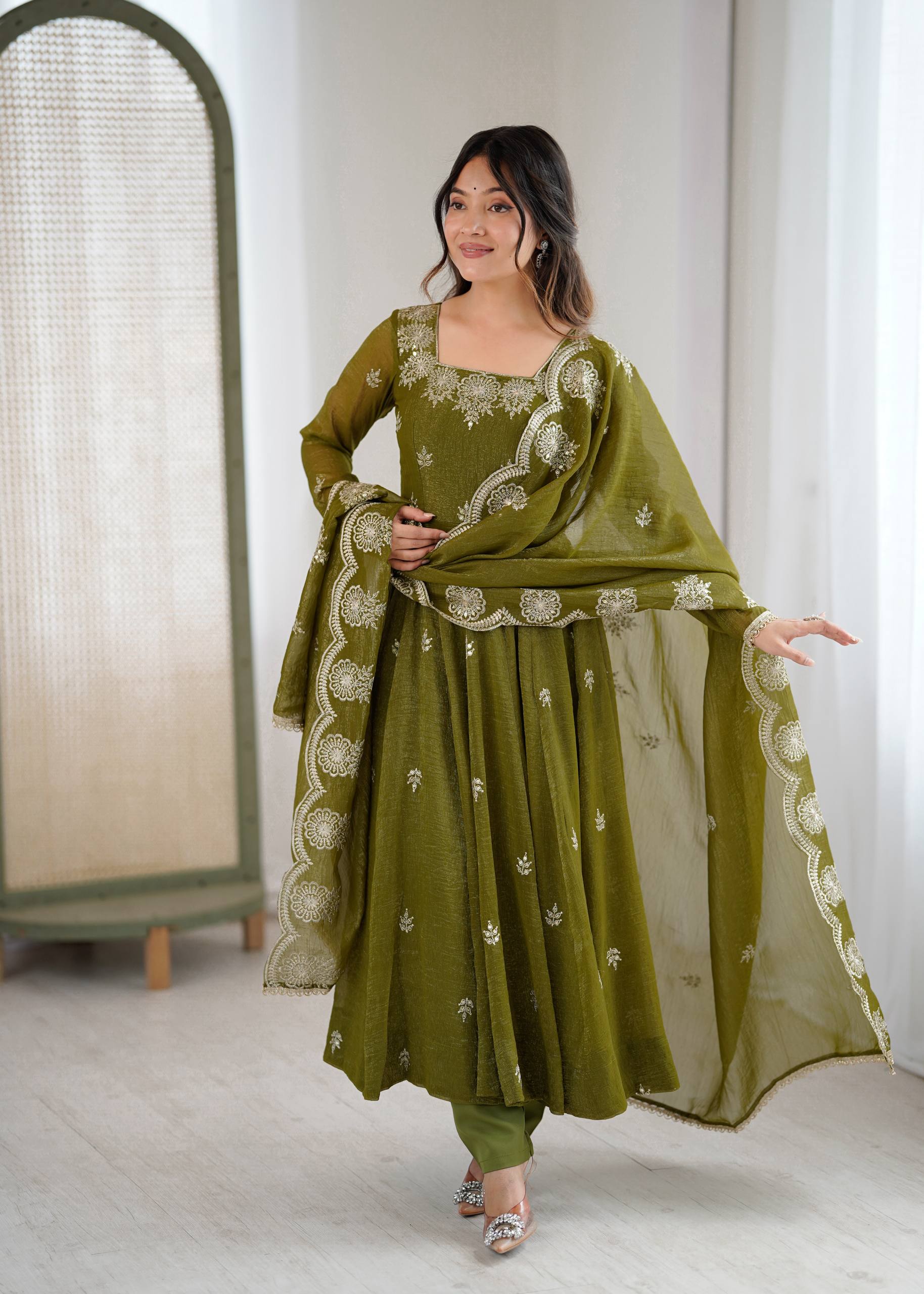 Mehendi Elegant Designer Anarkali Set for Women | Ready to Wear 3 Piece Suit