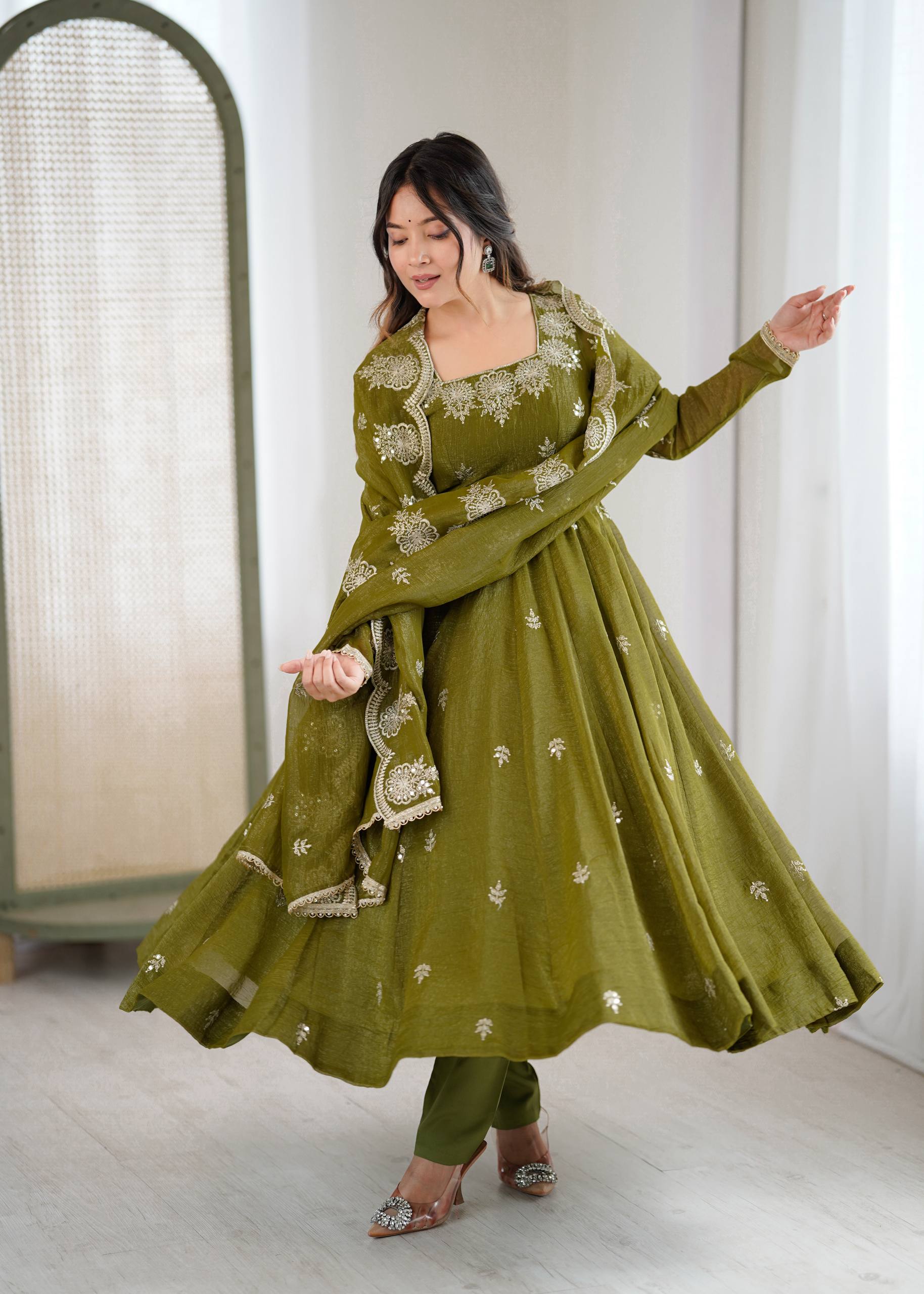 Mehendi Elegant Designer Anarkali Set for Women | Ready to Wear 3 Piece Suit
