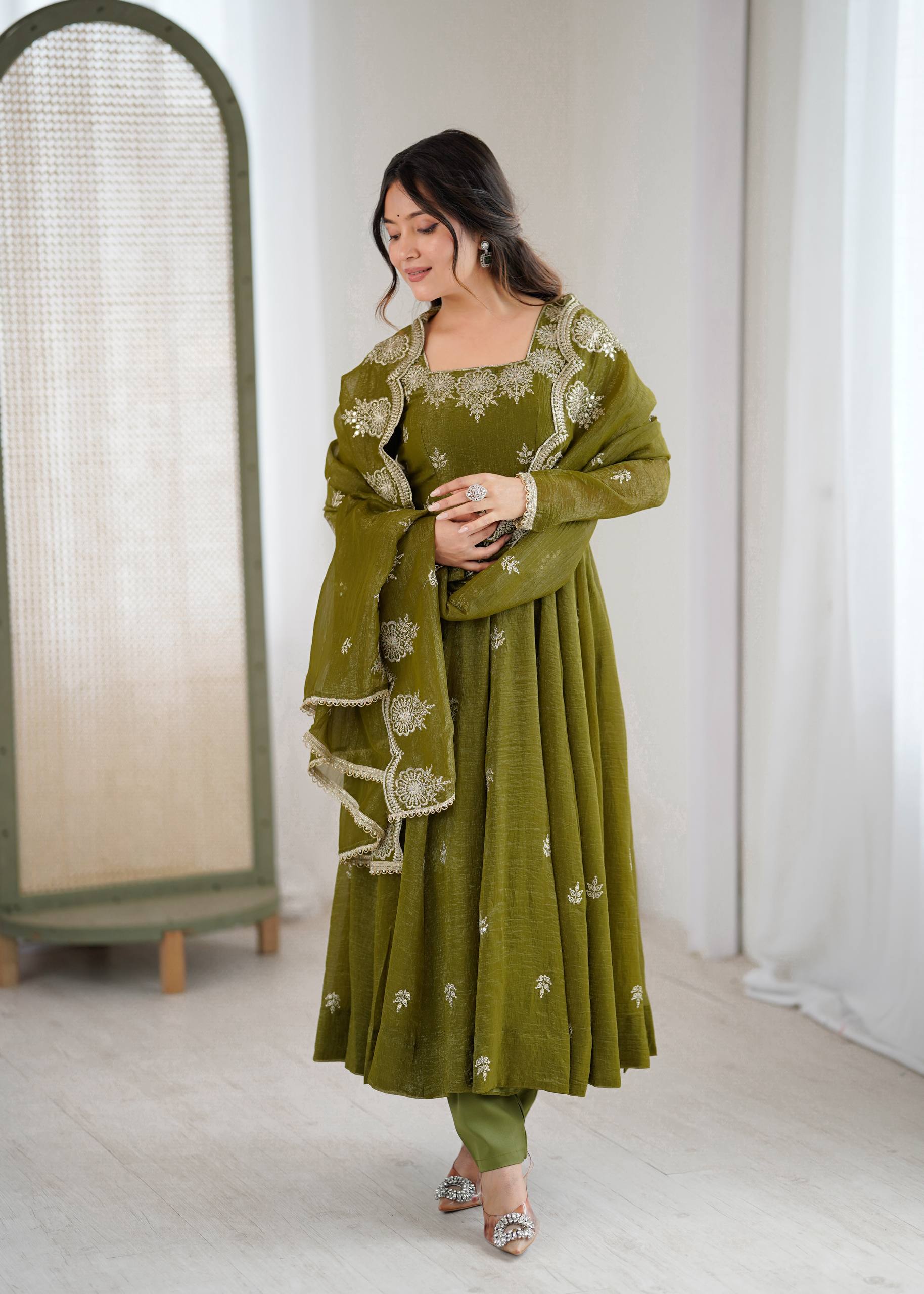 Mehendi Elegant Designer Anarkali Set for Women | Ready to Wear 3 Piece Suit