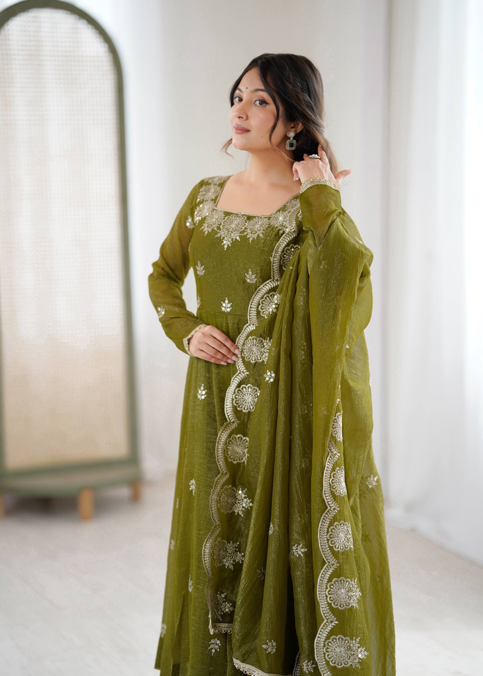 Mehendi Elegant Designer Anarkali Set for Women | Ready to Wear 3 Piece Suit