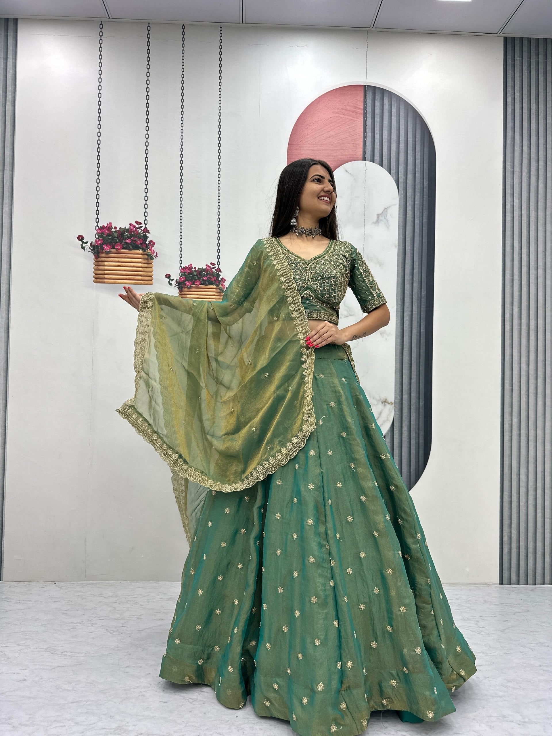 Sage Green Color Mosh Lehenga Choli Set with Dupatta | Heavy Sequence Work Festive Wear