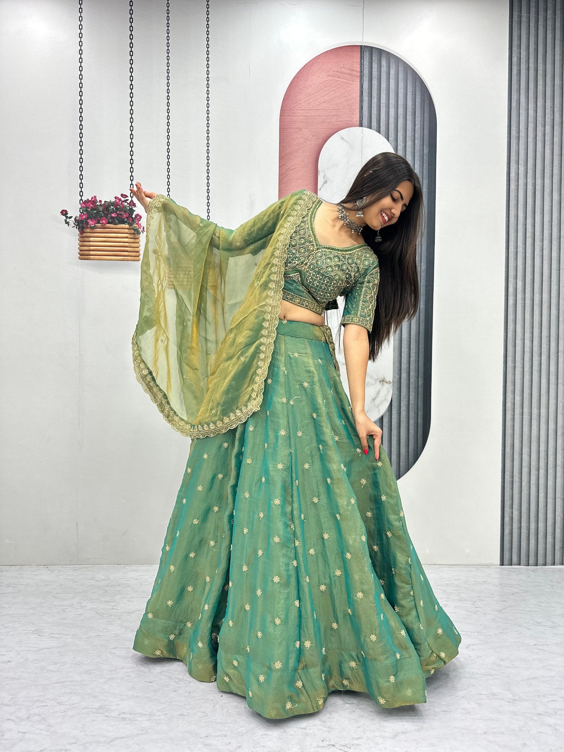 Sage Green Color Mosh Lehenga Choli Set with Dupatta | Heavy Sequence Work Festive Wear