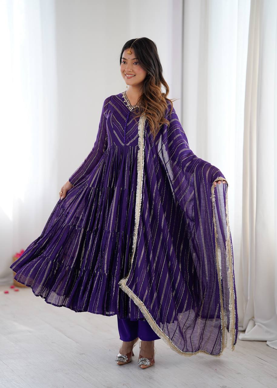 Royal Purple Color Mal Chanderi Ruffle Flaired Gown | Nardev Fashion