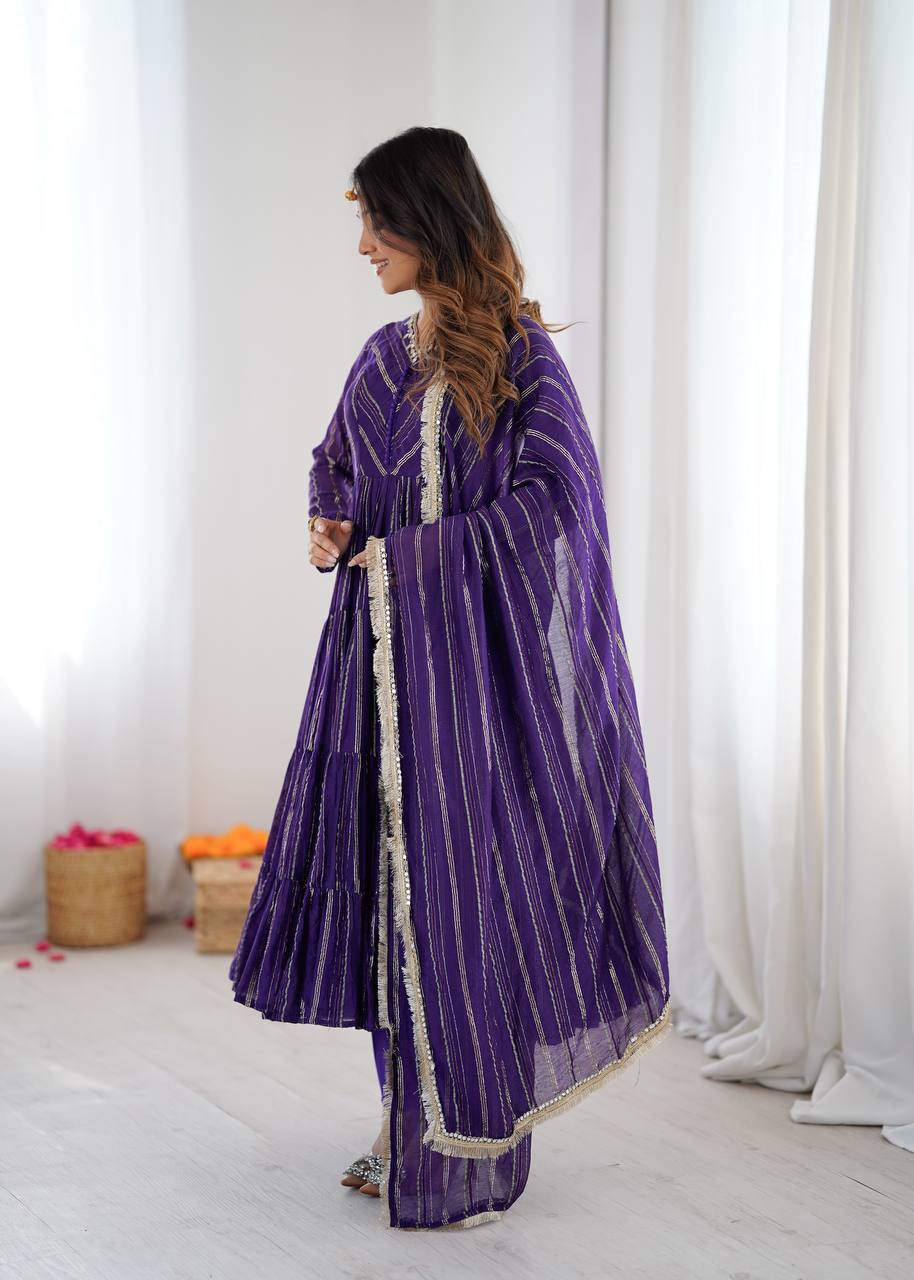 Royal Purple Color Mal Chanderi Ruffle Flaired Gown | Nardev Fashion