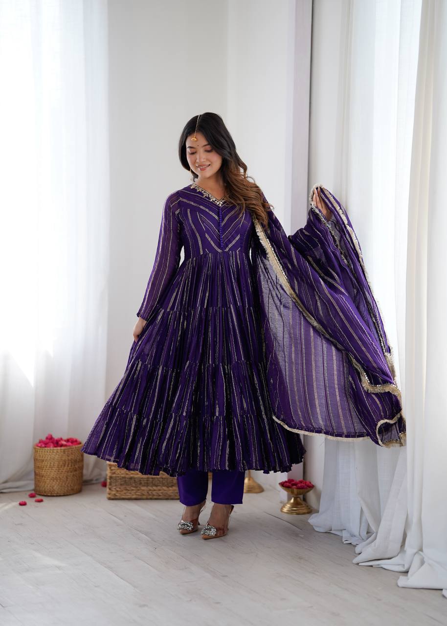 Royal Purple Color Mal Chanderi Ruffle Flaired Gown | Nardev Fashion