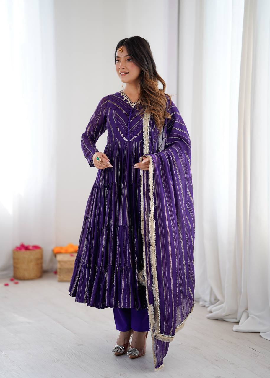 Royal Purple Color Mal Chanderi Ruffle Flaired Gown | Nardev Fashion