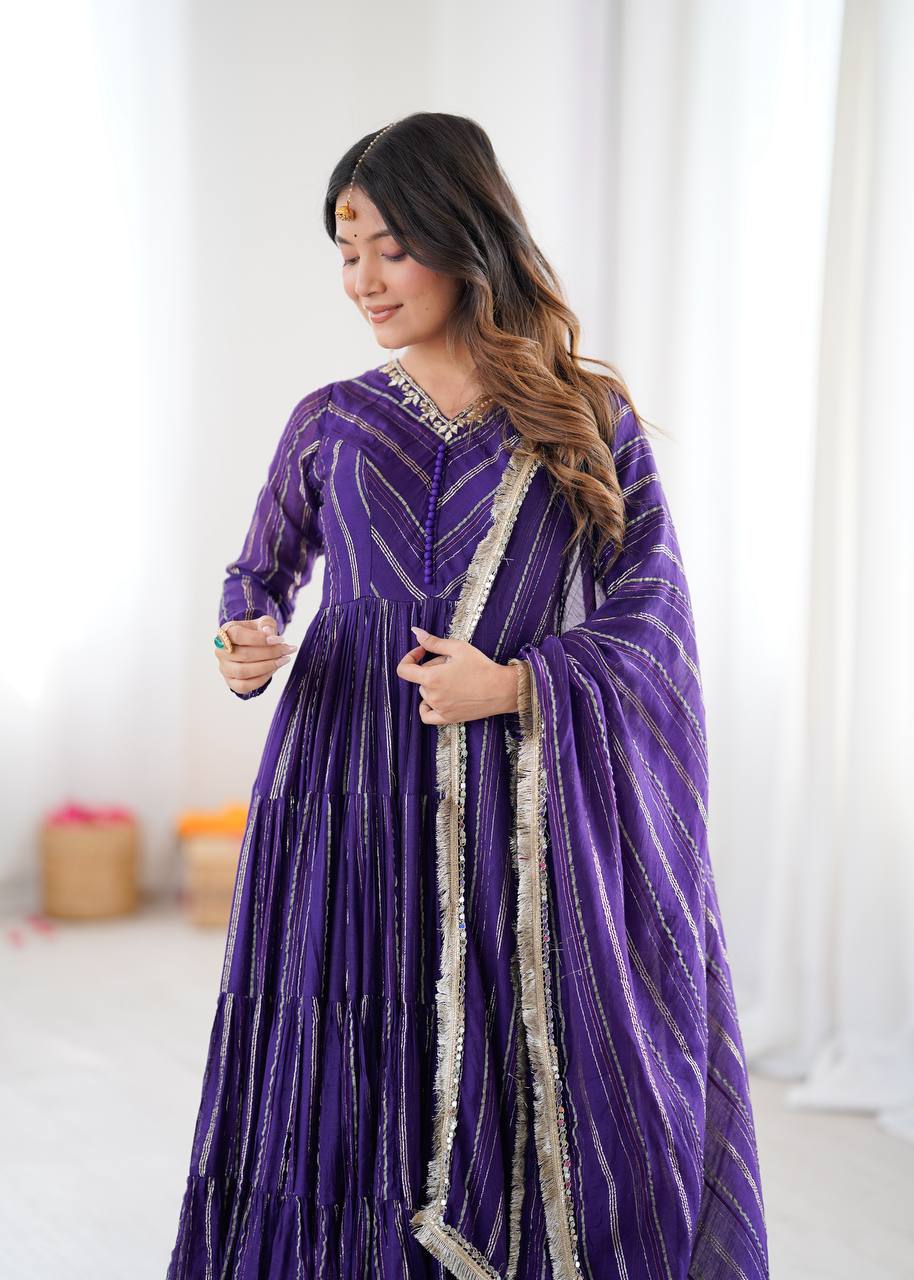 Royal Purple Color Mal Chanderi Ruffle Flaired Gown | Nardev Fashion