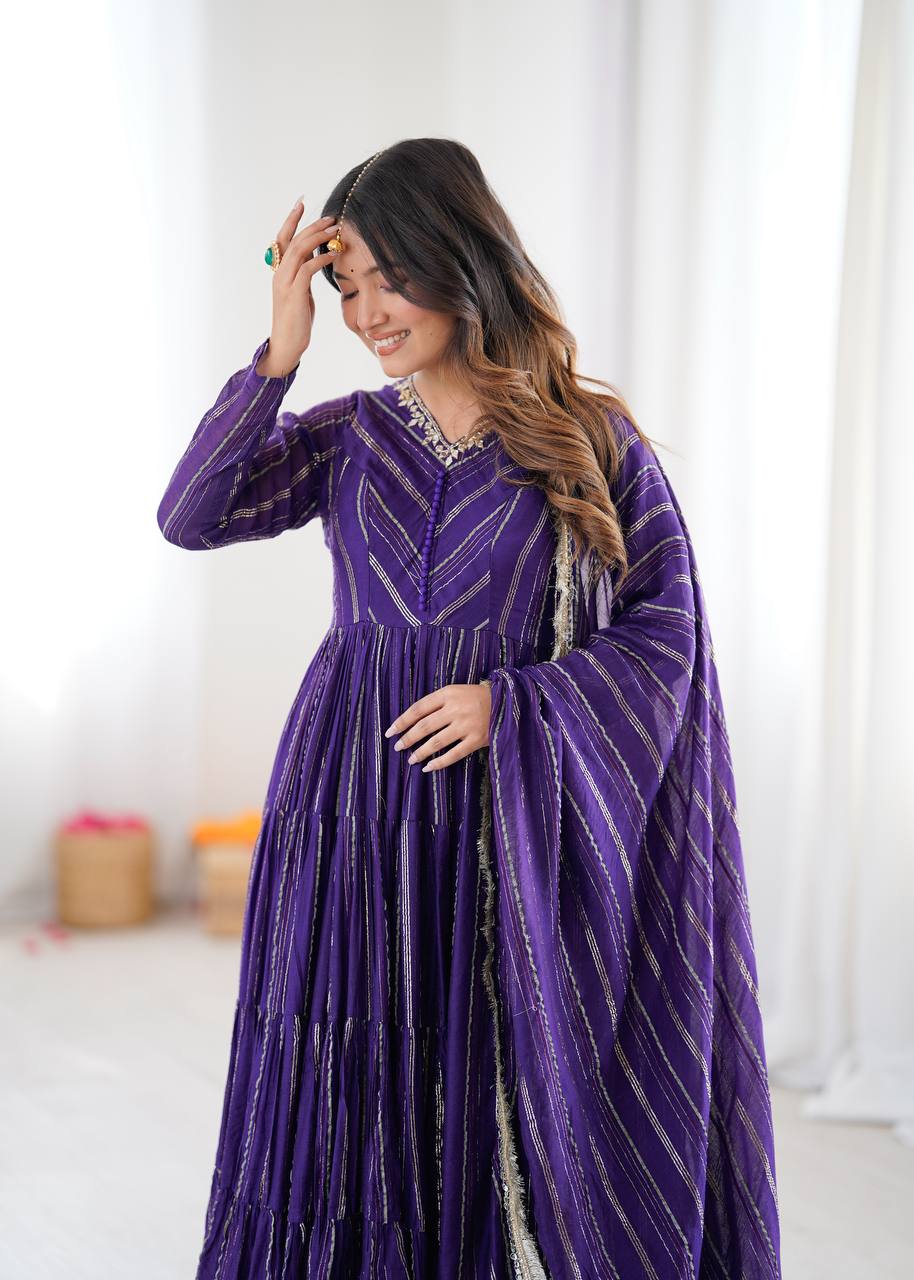 Royal Purple Color Mal Chanderi Ruffle Flaired Gown | Nardev Fashion