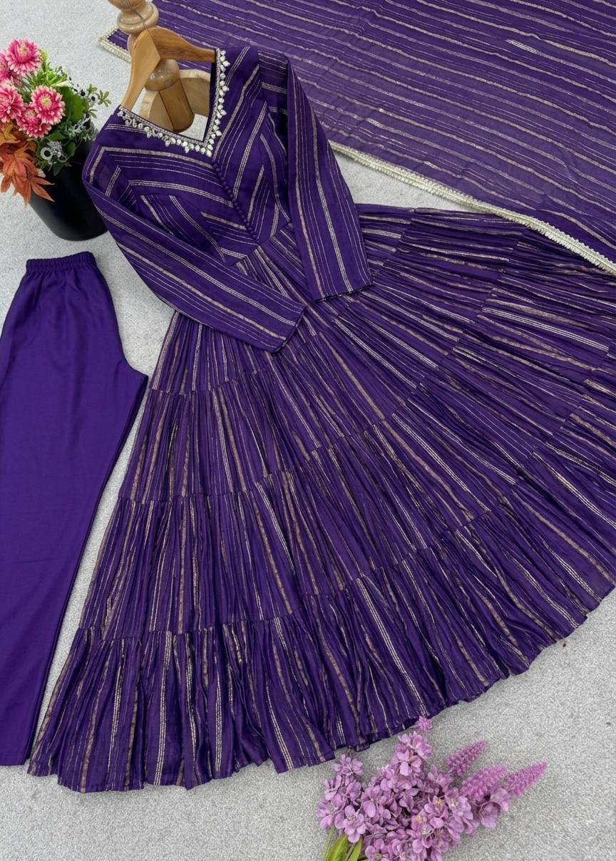 Royal Purple Color Mal Chanderi Ruffle Flaired Gown | Nardev Fashion
