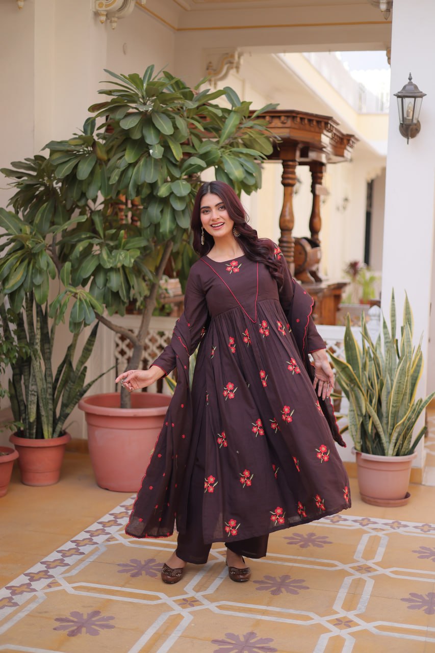 Brown Color Cotton Embroidered Kurti Pant Dupatta Set for Women | Readymade Ethnic Wear
