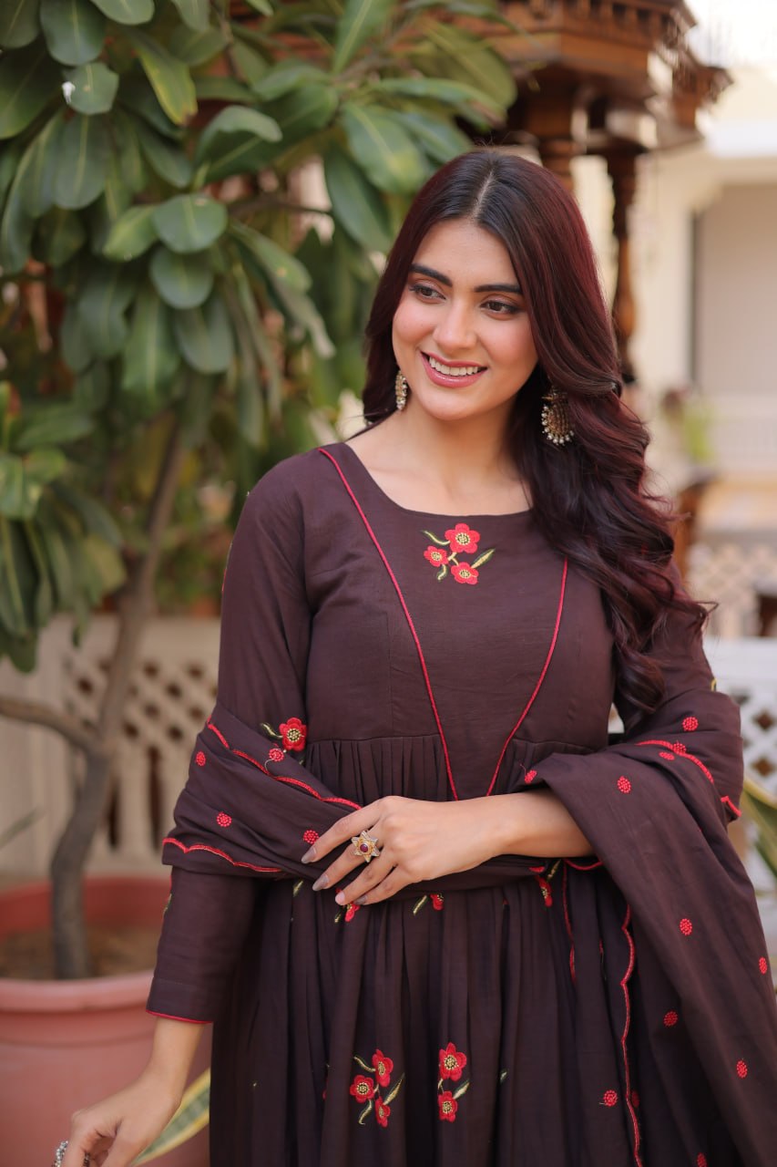 Brown Color Cotton Embroidered Kurti Pant Dupatta Set for Women | Readymade Ethnic Wear