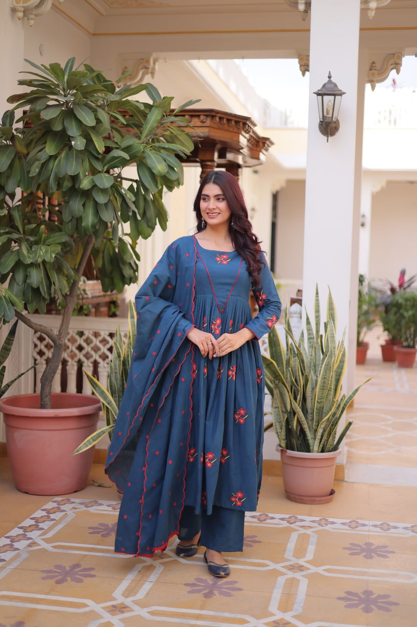 Blue Color Cotton Embroidered Kurti Pant Dupatta Set for Women | Readymade Ethnic Wear