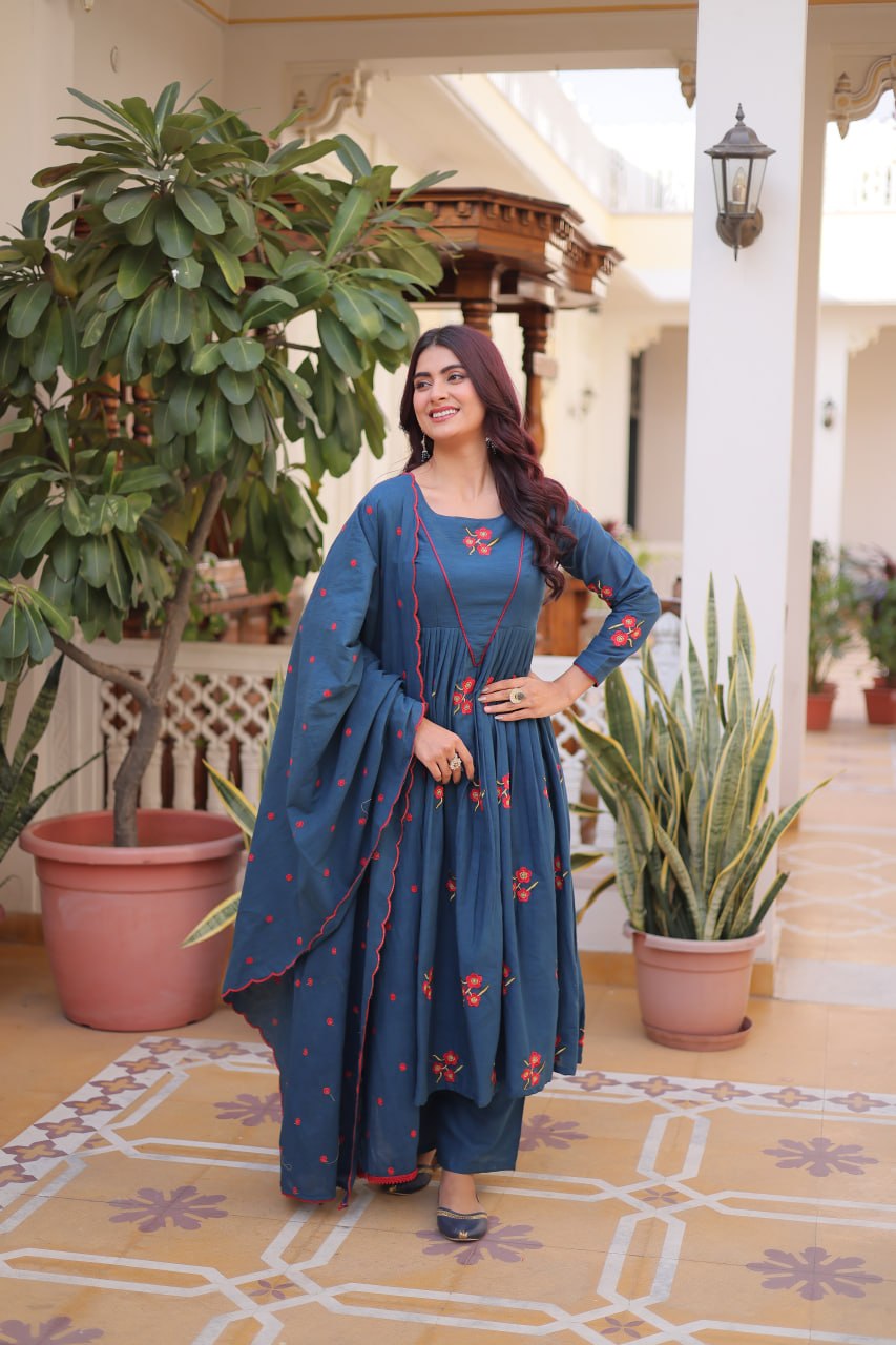 Blue Color Cotton Embroidered Kurti Pant Dupatta Set for Women | Readymade Ethnic Wear