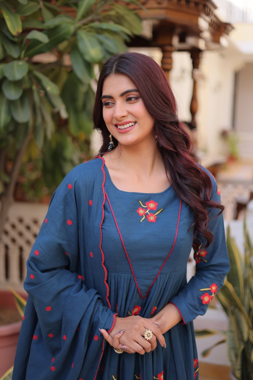 Blue Color Cotton Embroidered Kurti Pant Dupatta Set for Women | Readymade Ethnic Wear