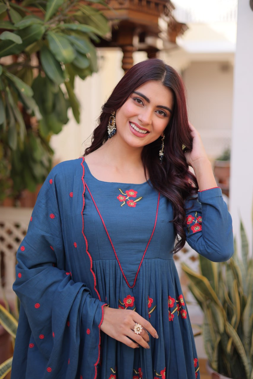 Blue Color Cotton Embroidered Kurti Pant Dupatta Set for Women | Readymade Ethnic Wear