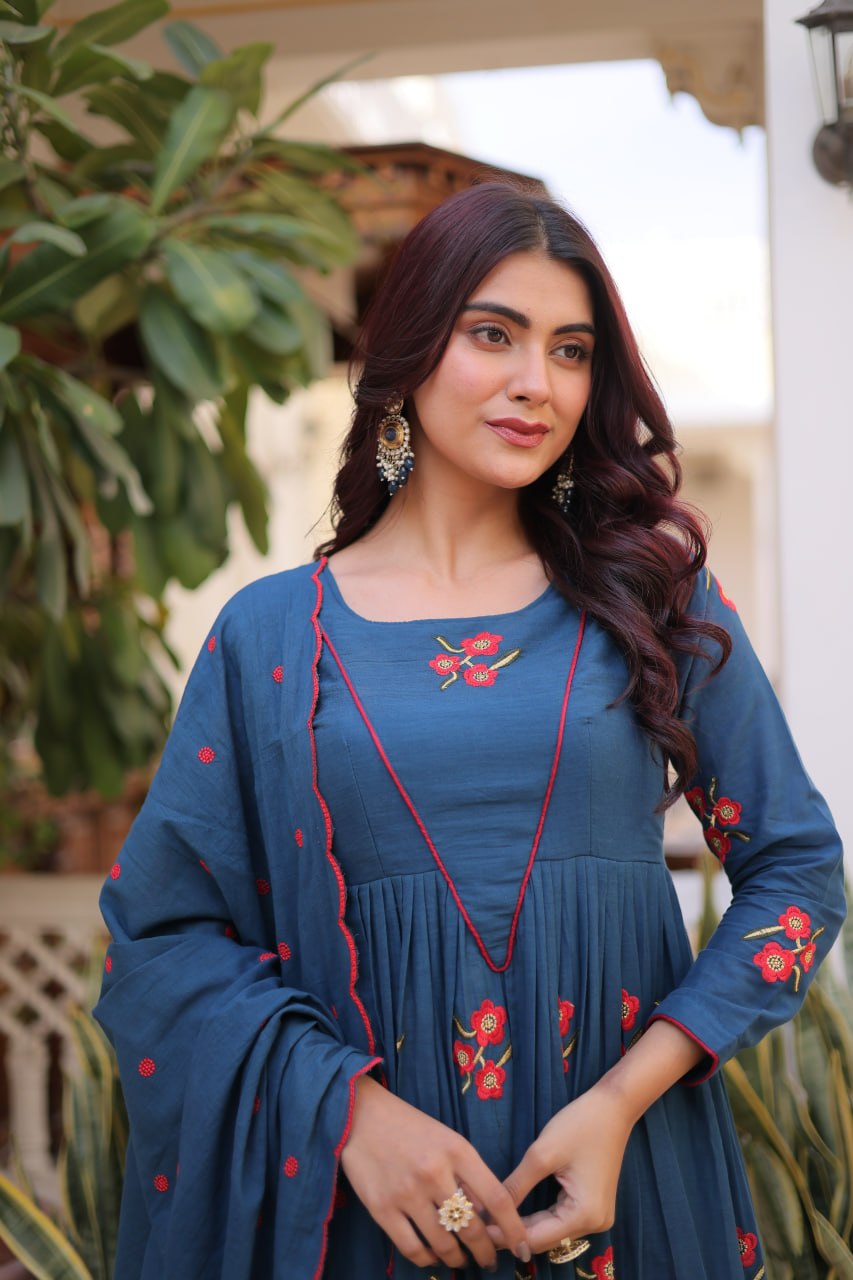 Blue Color Cotton Embroidered Kurti Pant Dupatta Set for Women | Readymade Ethnic Wear
