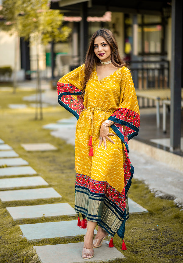 Mustard Yellow Color Pure Gajji Silk Kaftan -Bandhani Prints