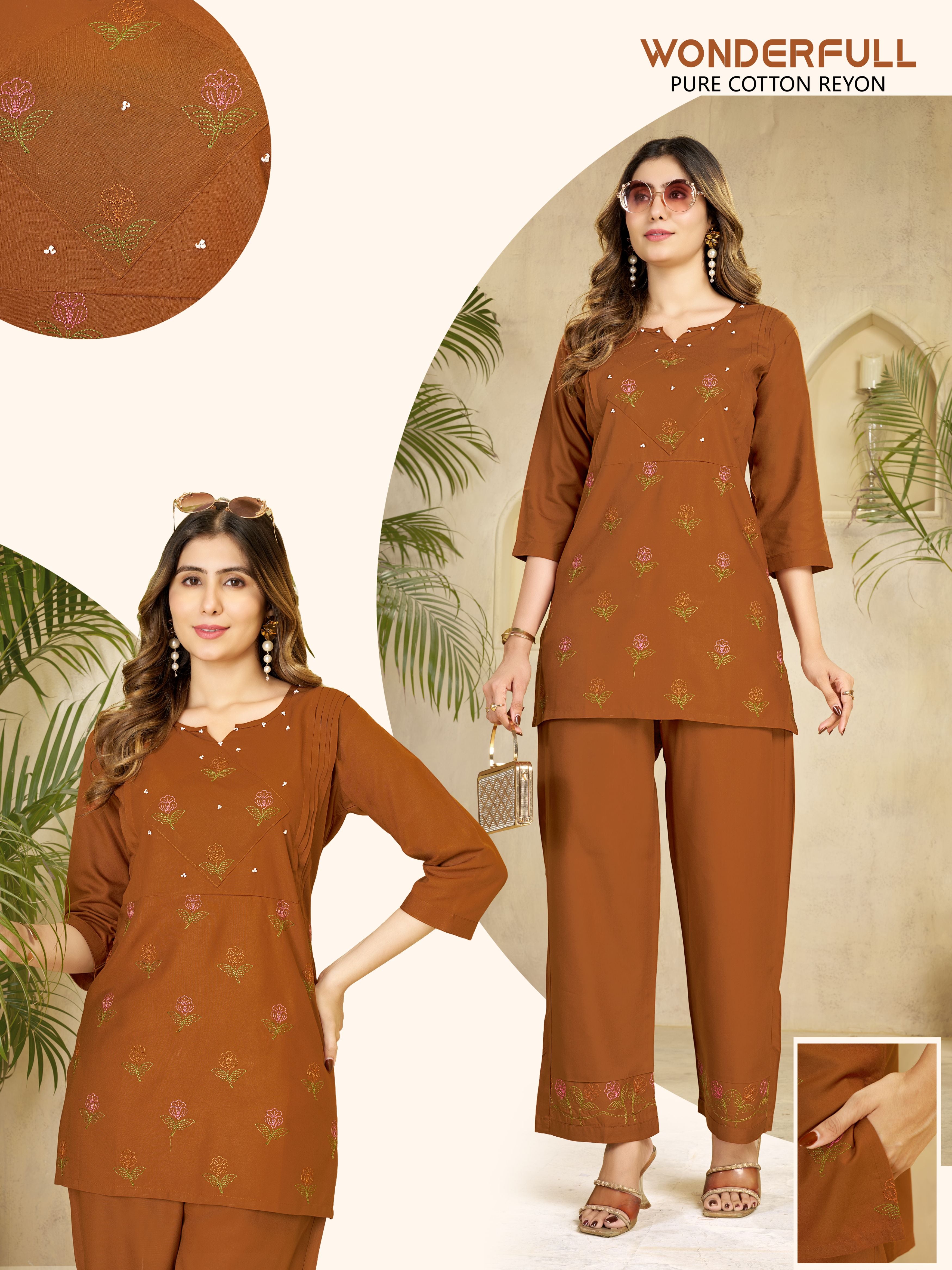 Rust Brown Heavy Rayon Floral Embroidered Co-Ord Set