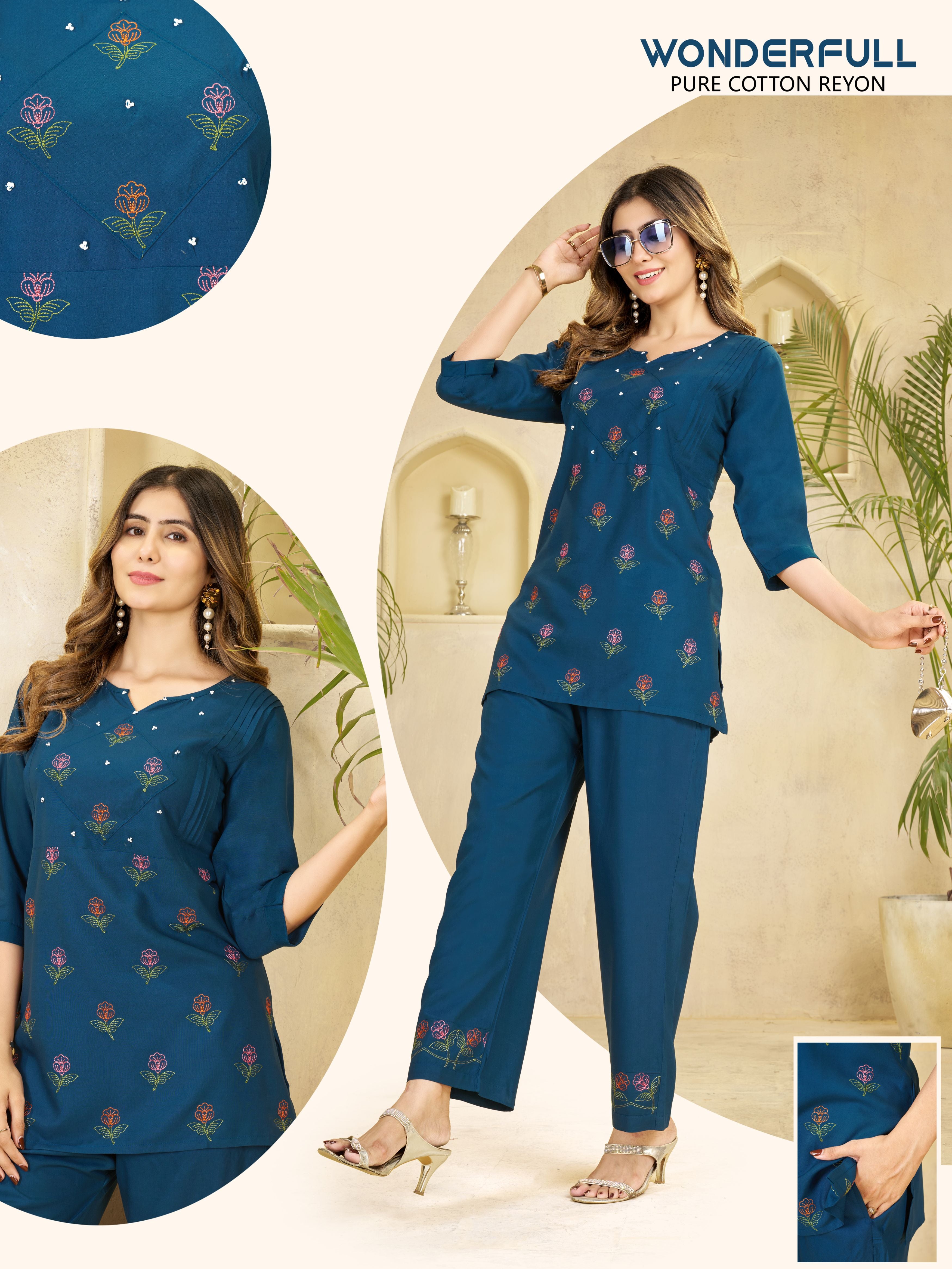 Teal Blue Heavy Rayon Floral Embroidered Co-Ord Set