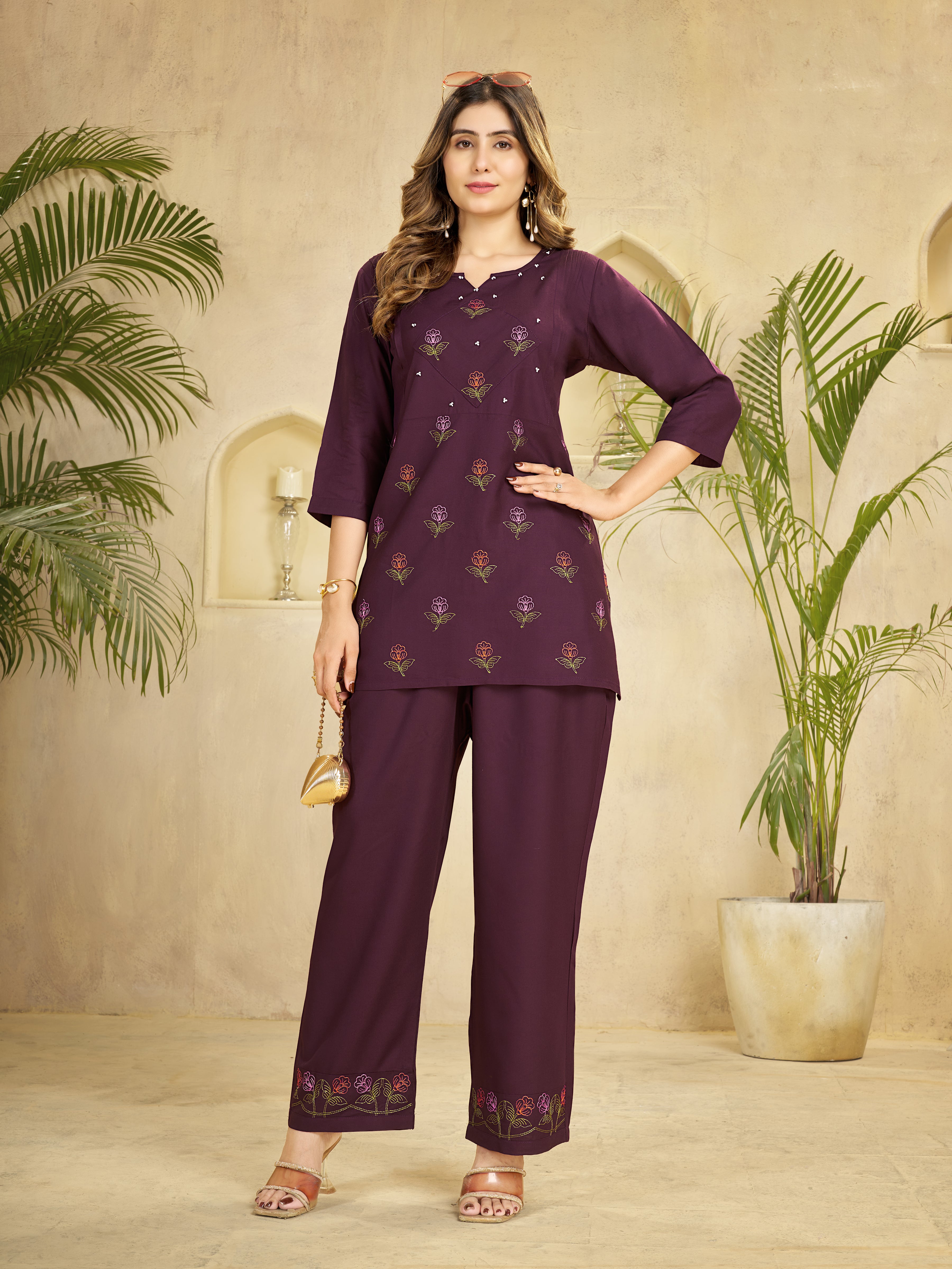 Wine Heavy Rayon Embroidered Co-Ord Set with Straight Pants