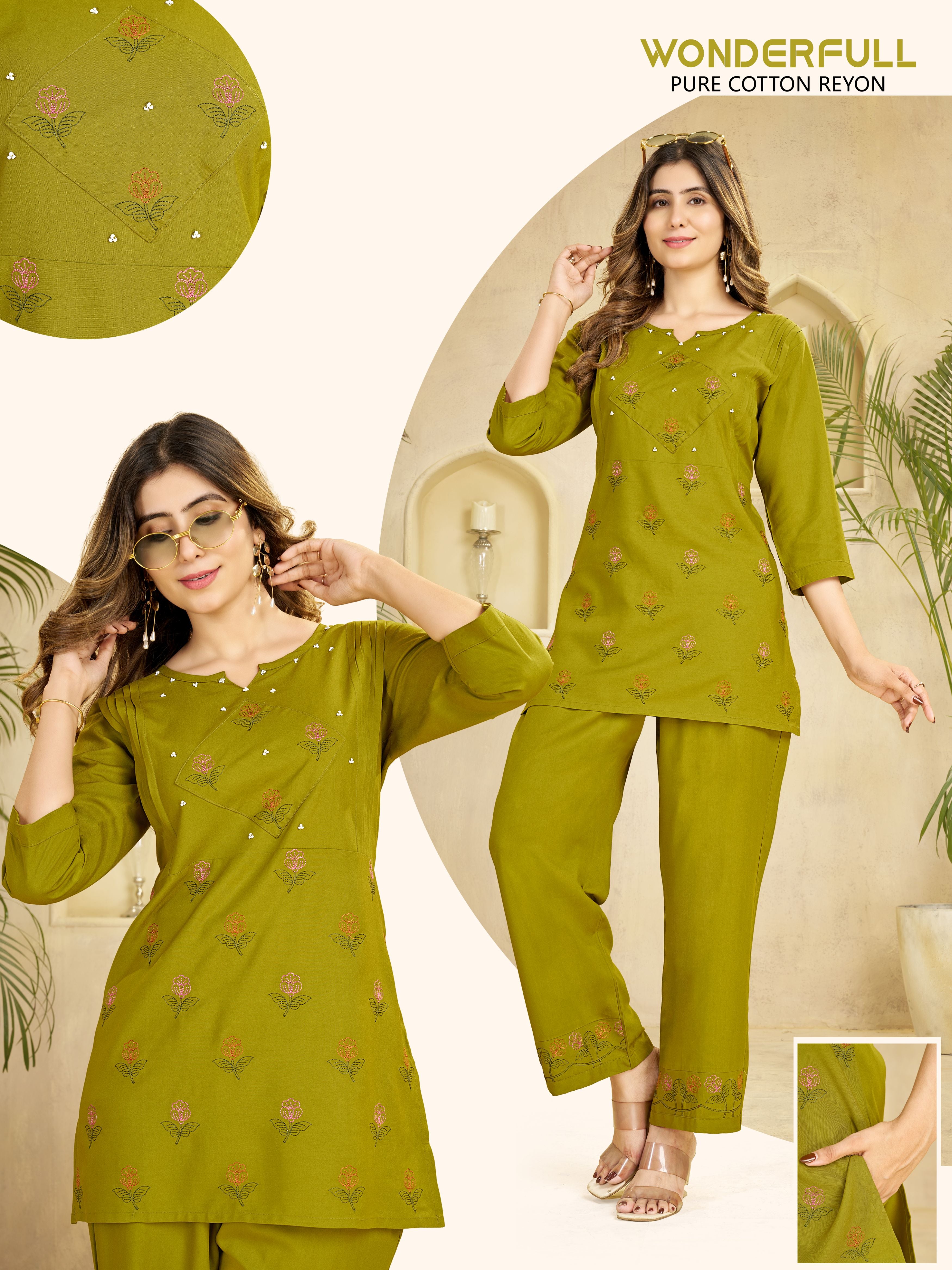 Olive Green Heavy Rayon Embroidered Co-Ord Set for Women