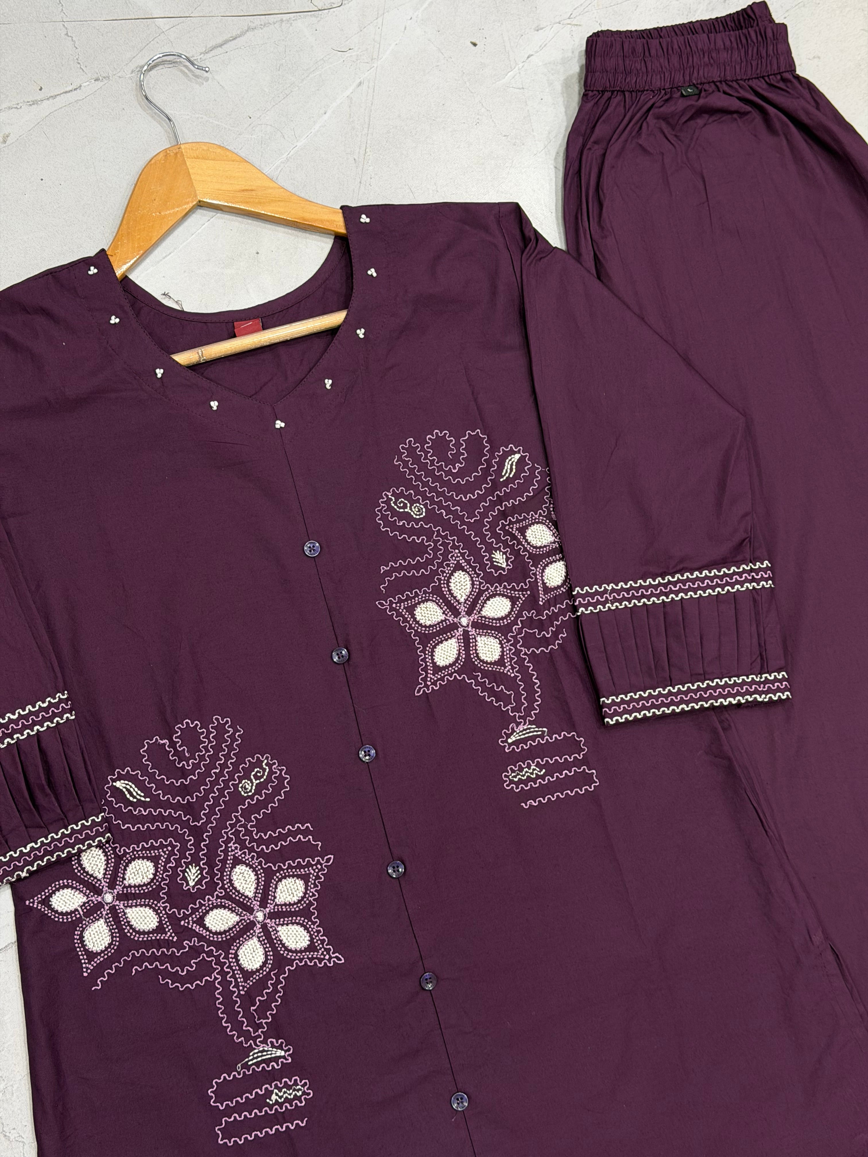 Plum Purple Pure Cotton Embroidered Co-Ord Set