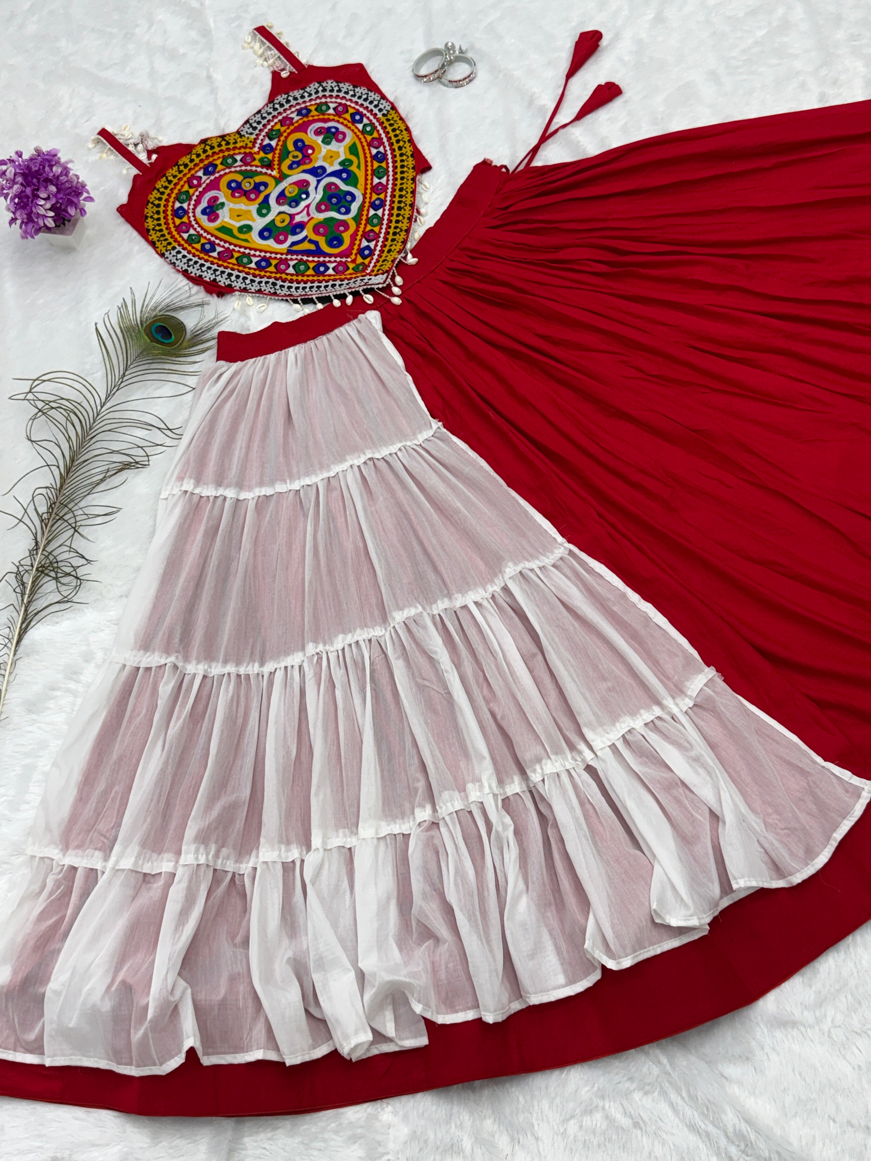Red & White Gamthi Mirror Work Cotton Lehenga Choli Set for Navratri