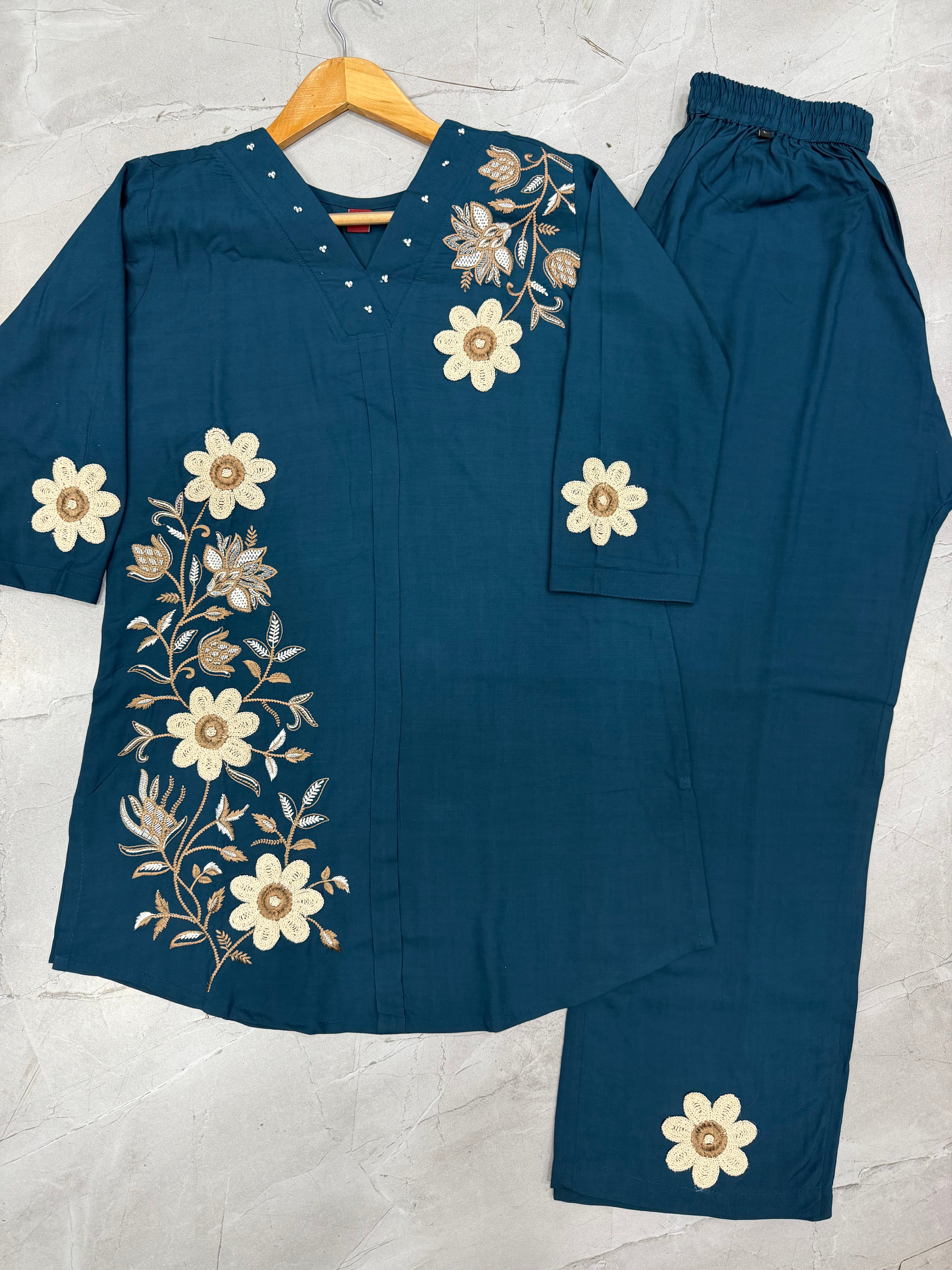 Dark Teal Floral Embroidered Rayon Co-Ord Set for Women