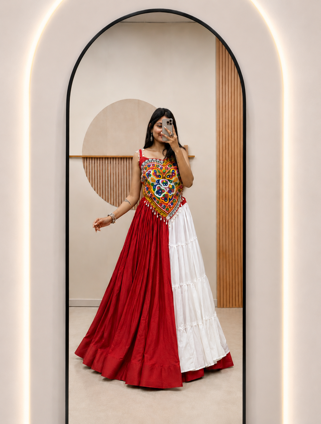 Red & White Gamthi Mirror Work Cotton Lehenga Choli Set for Navratri