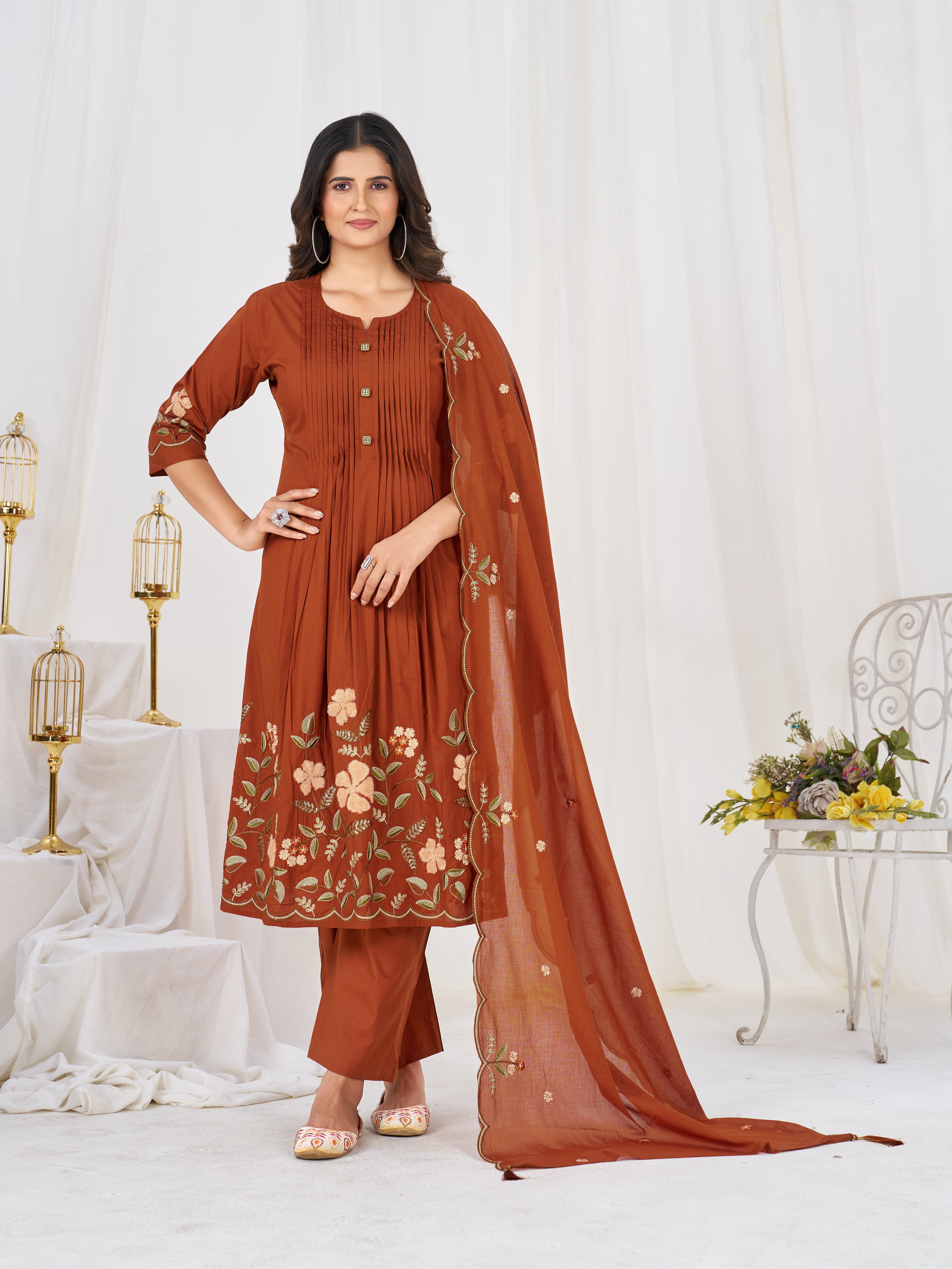 Rust Pure Cotton Embroidered Anarkali Kurti Set with Dupatta