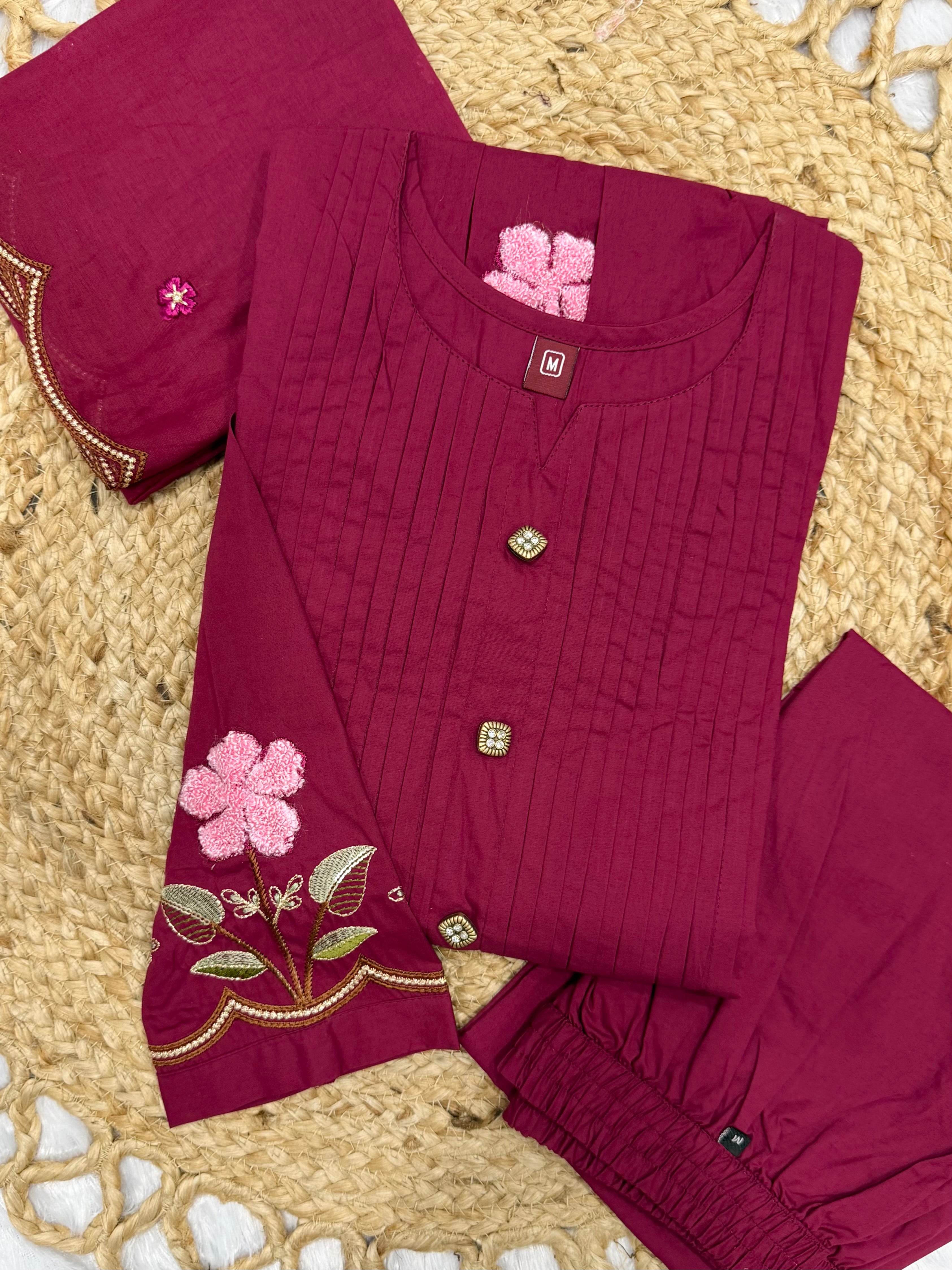 Pink Pure Cotton Floral Embroidered Anarkali Kurti Set with Dupatta