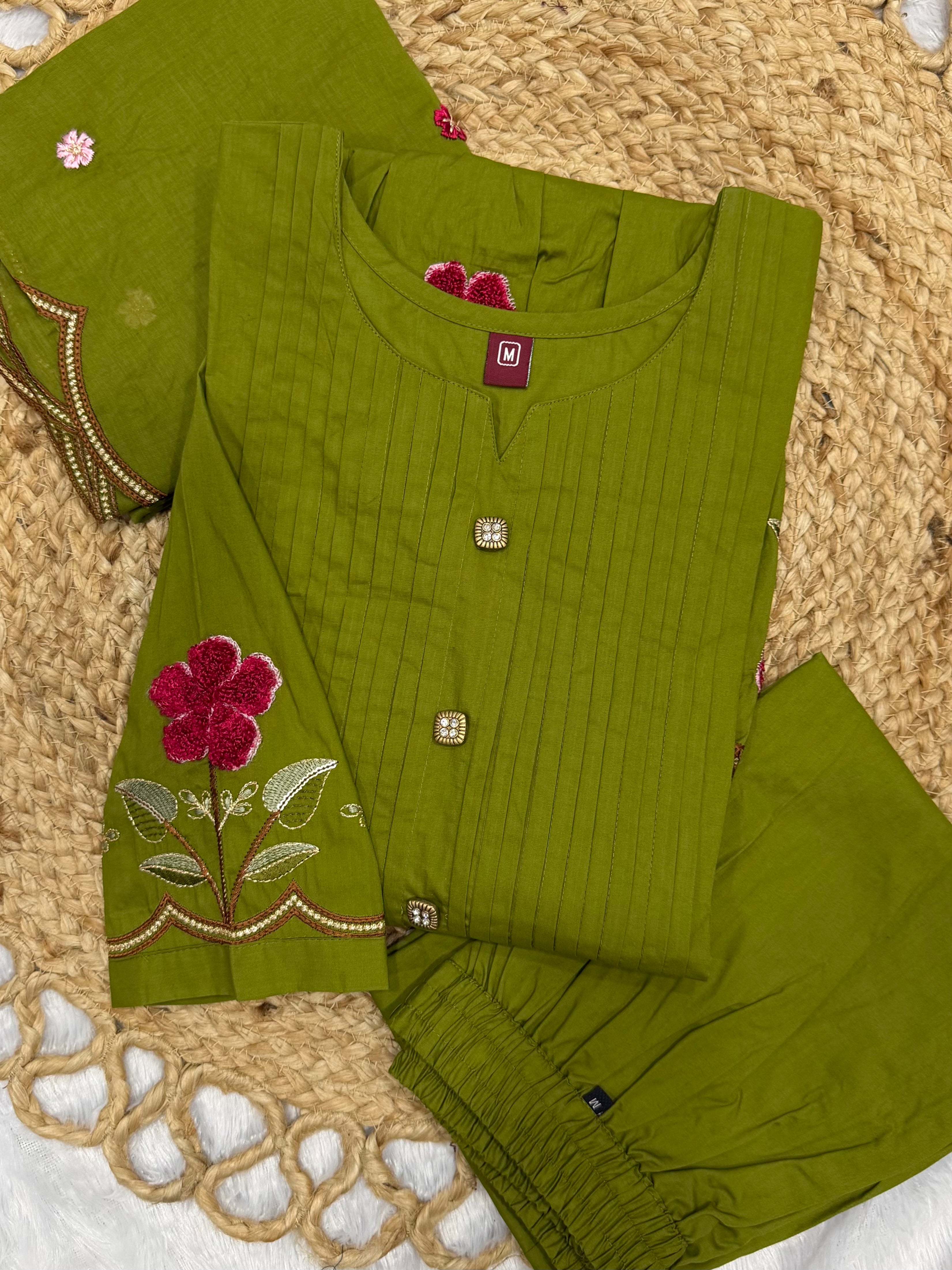 Olive Green Pure Cotton Embroidered Anarkali Kurti Set with Dupatta & Culottes Pant