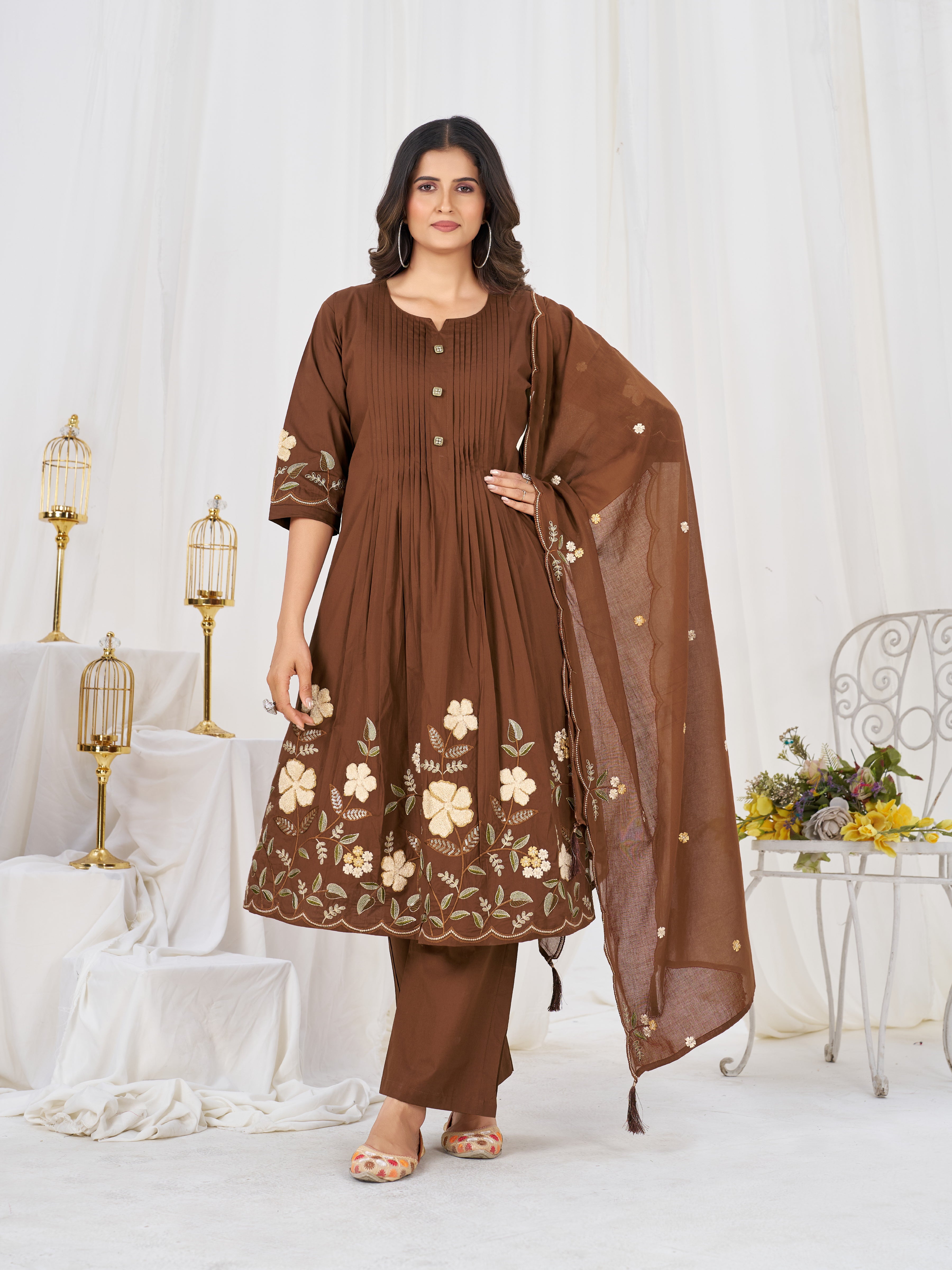 Brown Pure Cotton Embroidered Anarkali Kurti Set with Dupatta & Culottes