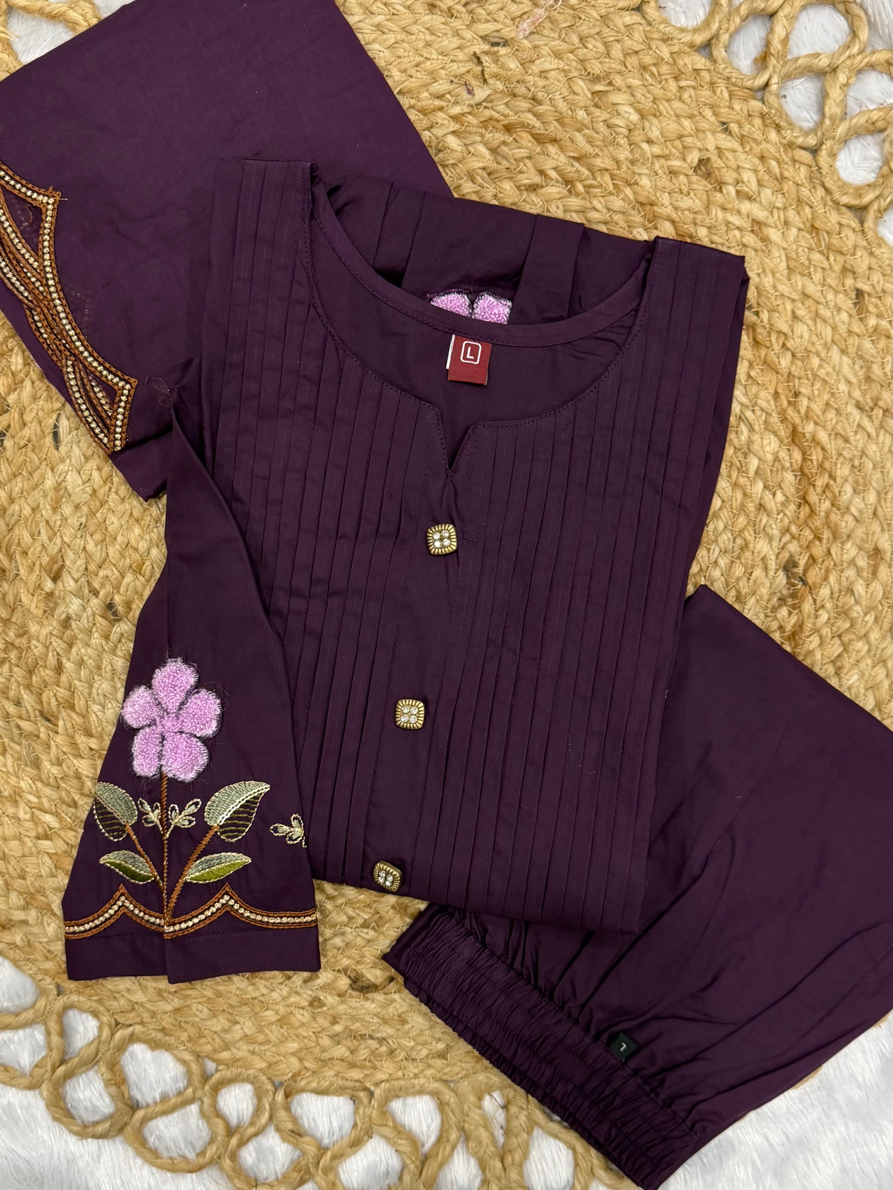 Purple Embroidered Pure Cotton Anarkali Kurti Pant & Dupatta Set