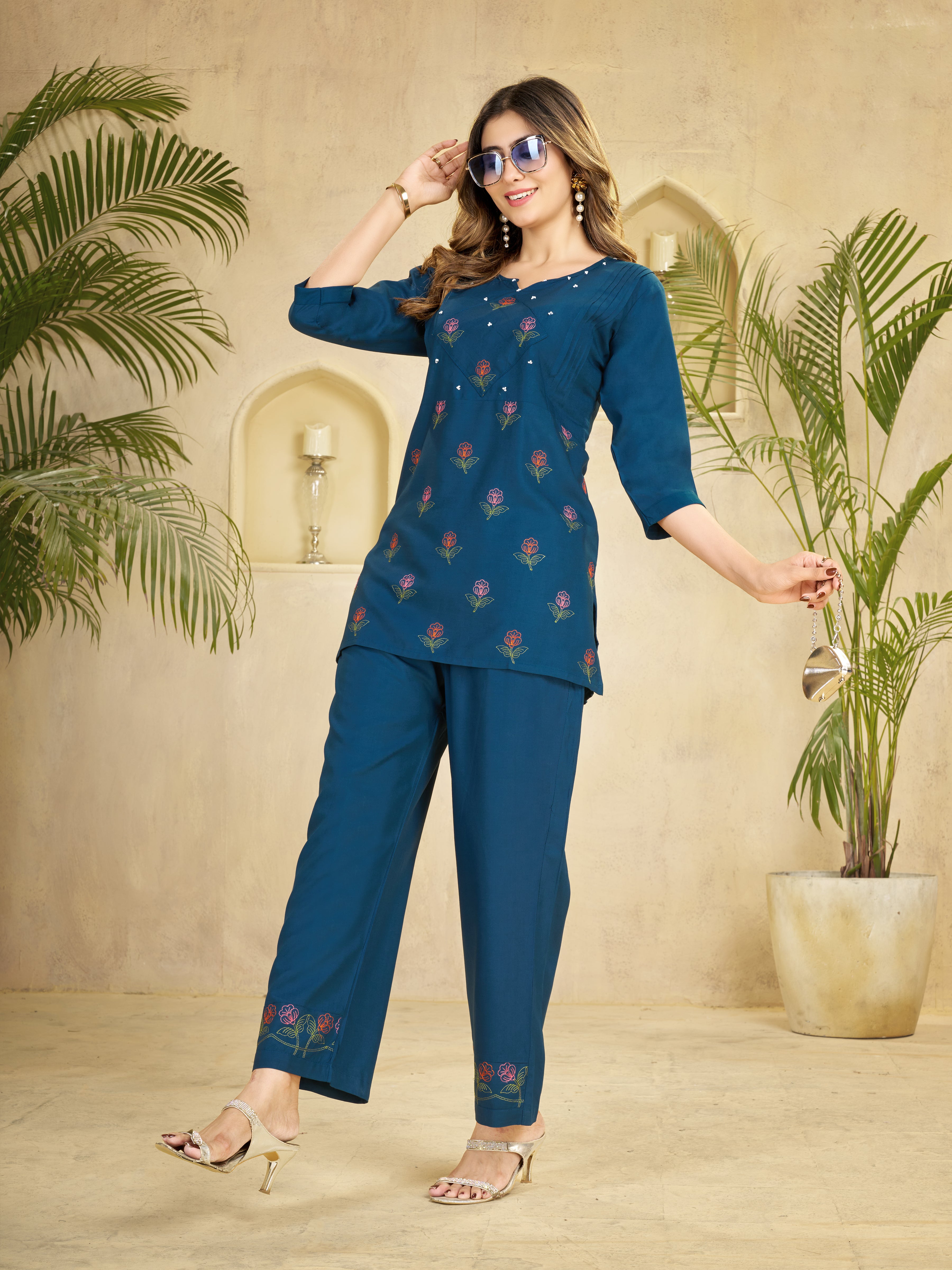 Teal Blue Heavy Rayon Floral Embroidered Co-Ord Set