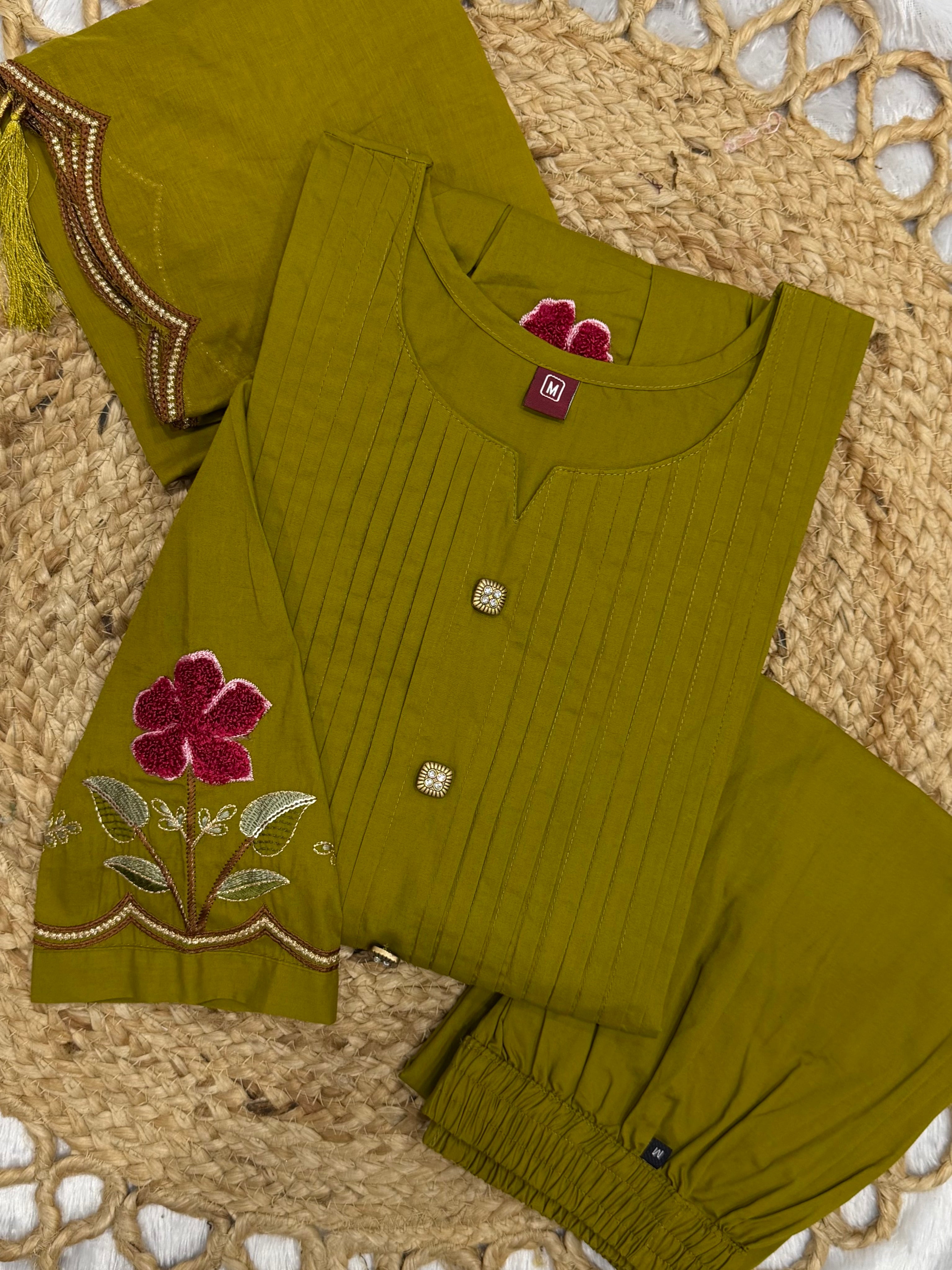 Mehendi Green Pure Cotton Embroidered Anarkali Kurti Set with Dupatta & Palazzo Pant