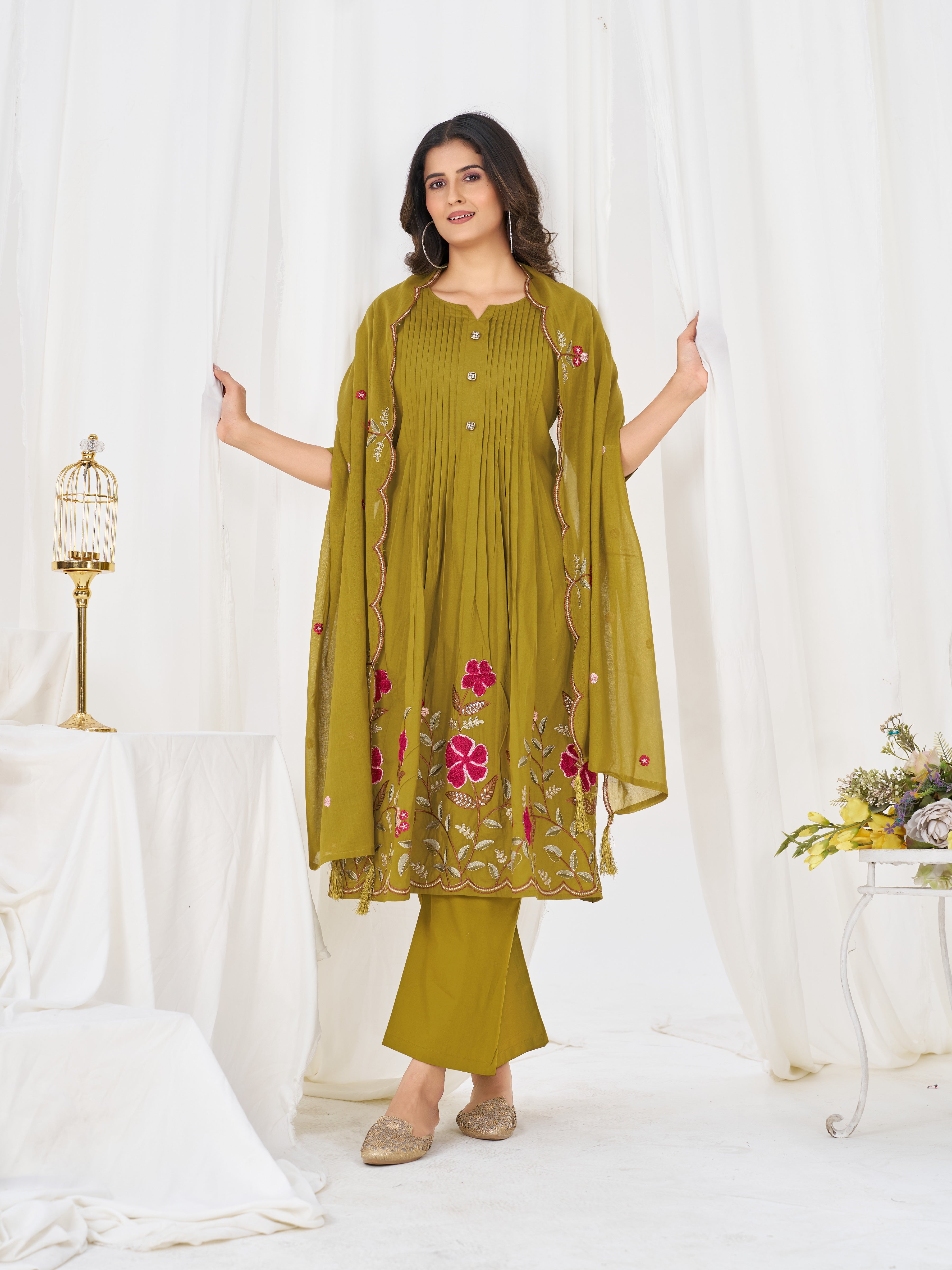 Mehendi Green Pure Cotton Embroidered Anarkali Kurti Set with Dupatta & Palazzo Pant