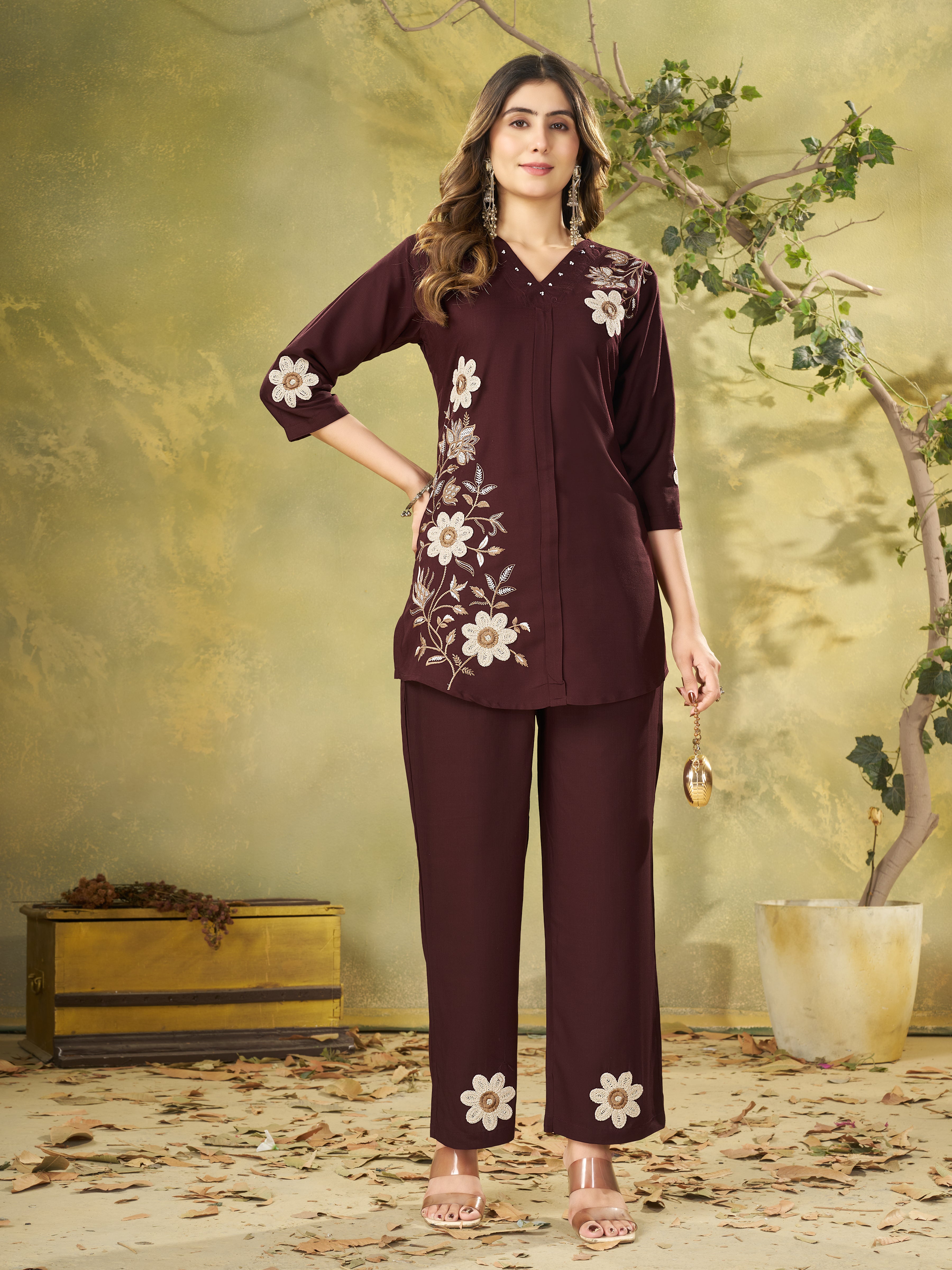 Coffee Brown Heavy Rayon Floral Embroidered Co-Ord Set
