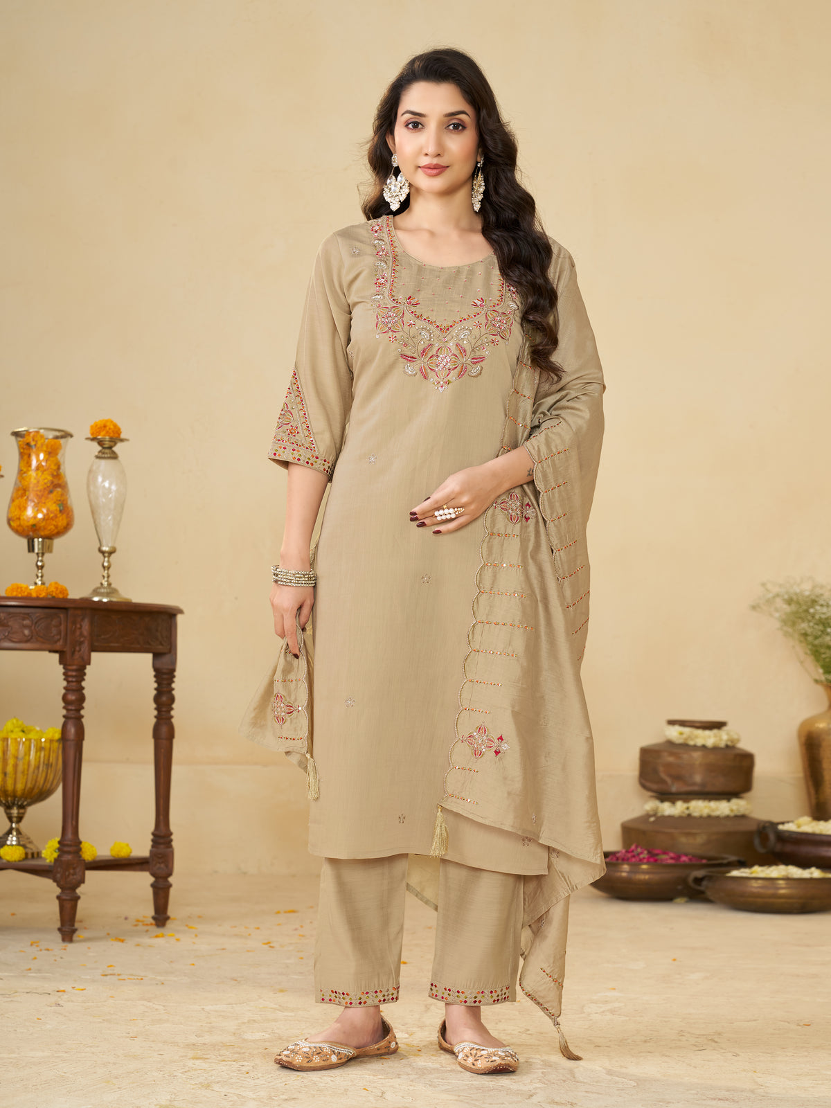 Beige Marina Silk Embroidered Kurti Pant Set with Maslin Dupatta