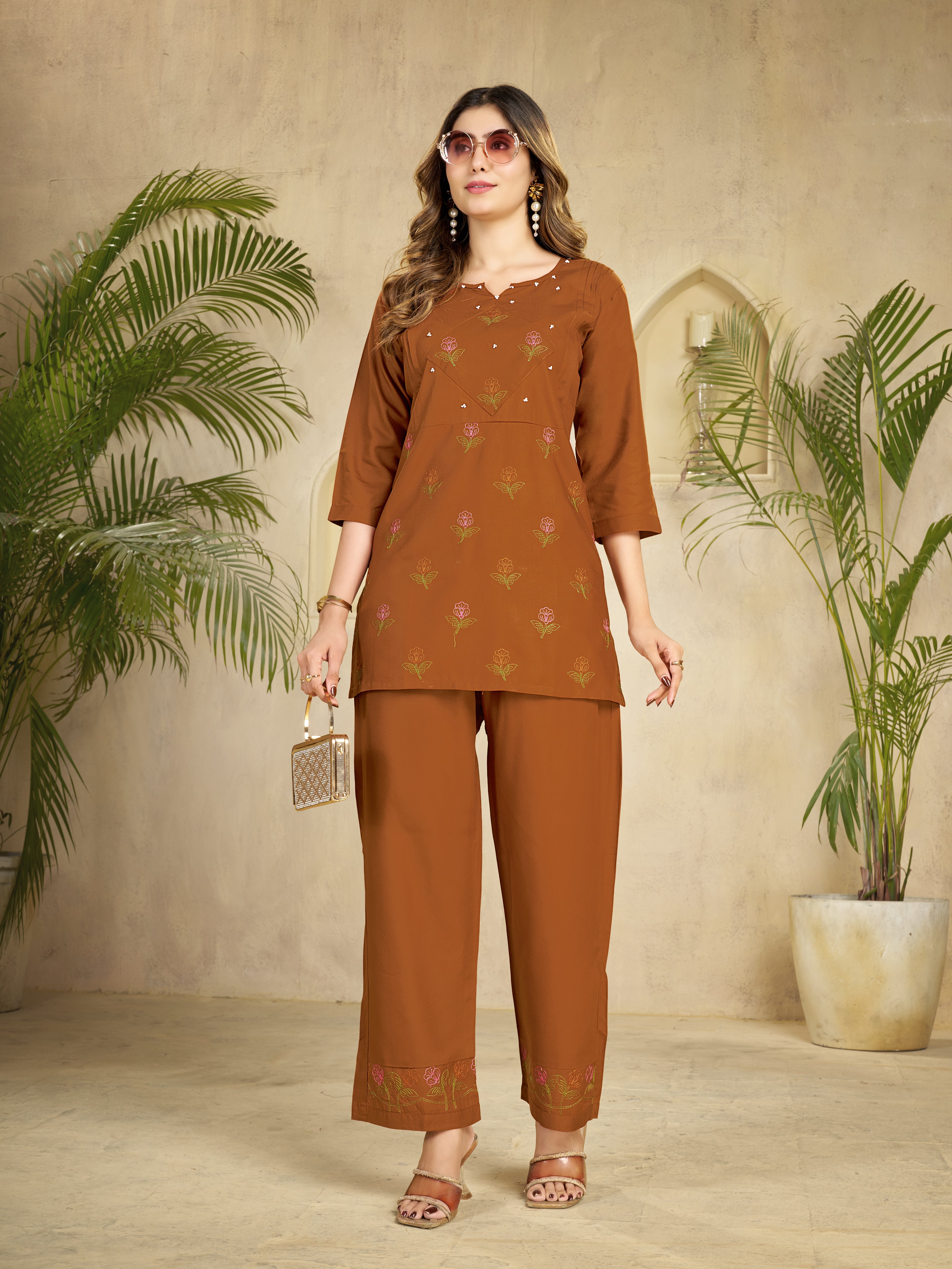 Rust Brown Heavy Rayon Floral Embroidered Co-Ord Set