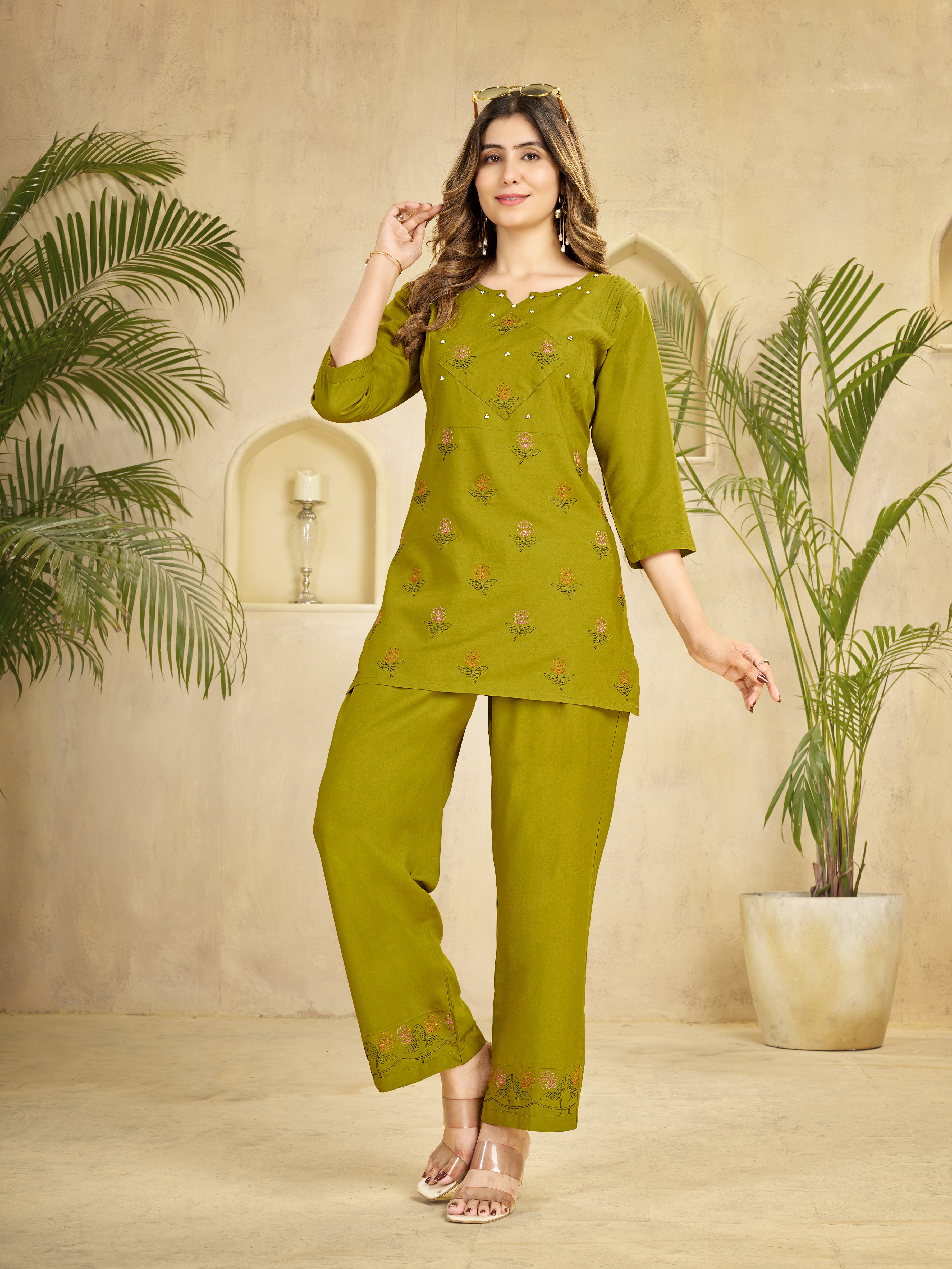 Olive Green Heavy Rayon Embroidered Co-Ord Set for Women
