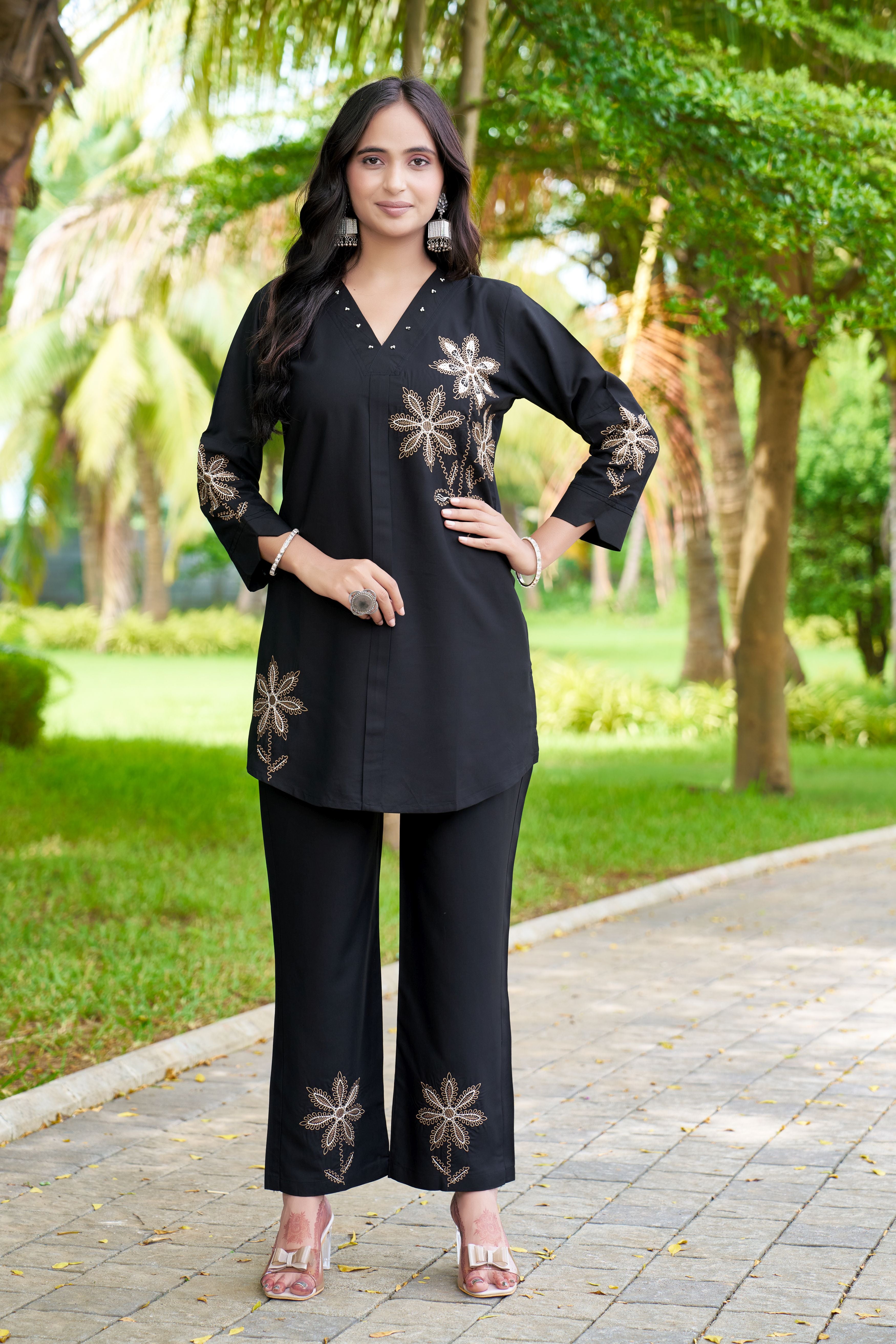 Black Embroidered Heavy Rayon Co-Ord Set for Women