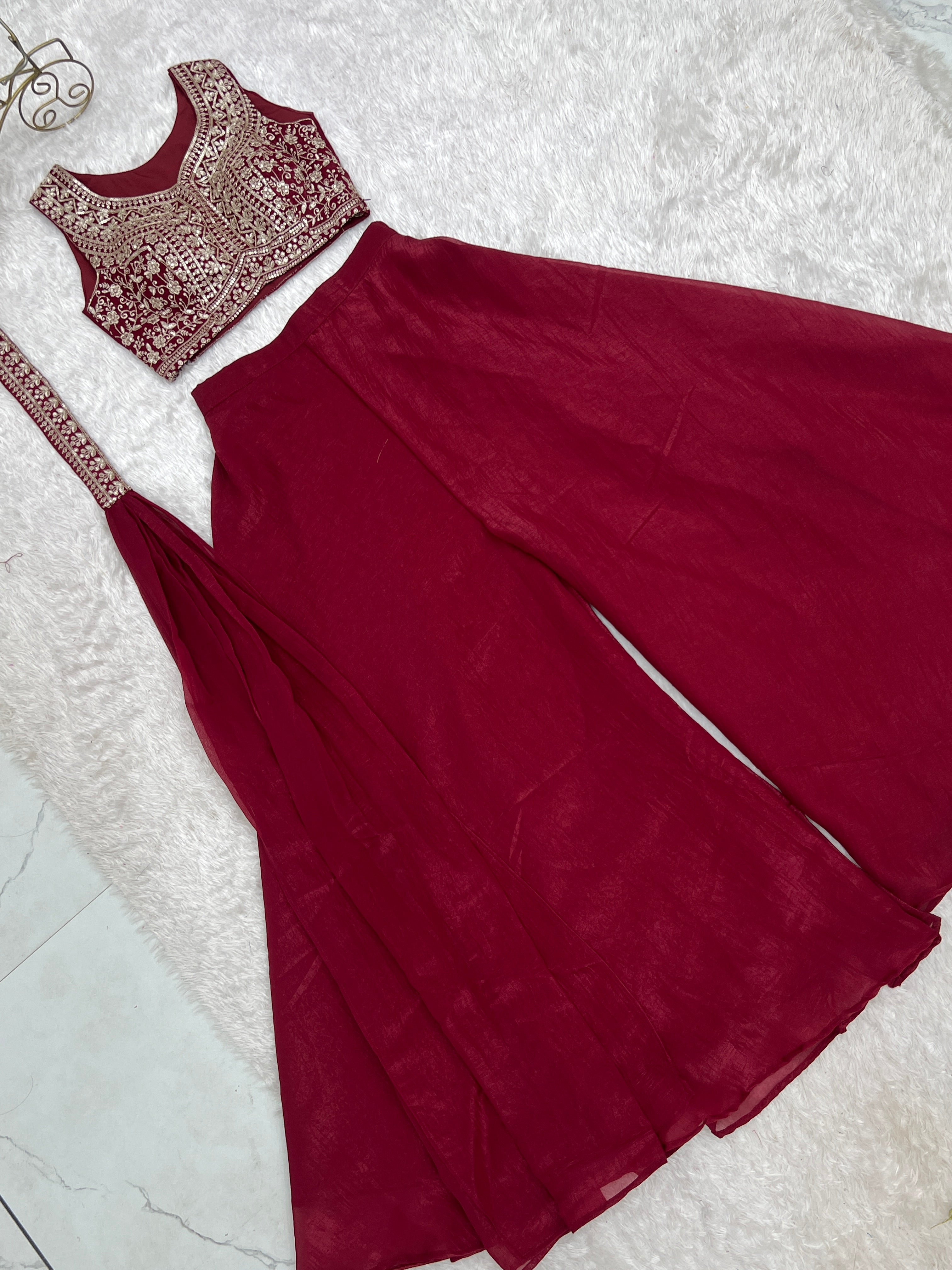 Wine Crunchy Silk Indo-Western Crop Top Palazzo Set with Embroidered Neck Dupatta | Ready to Wear