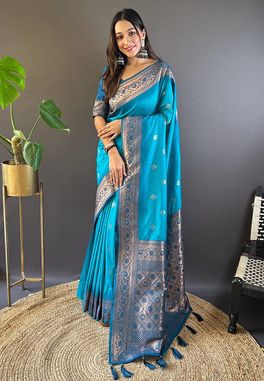 Blue Soft Silk Zari Woven Festival Wear Saree