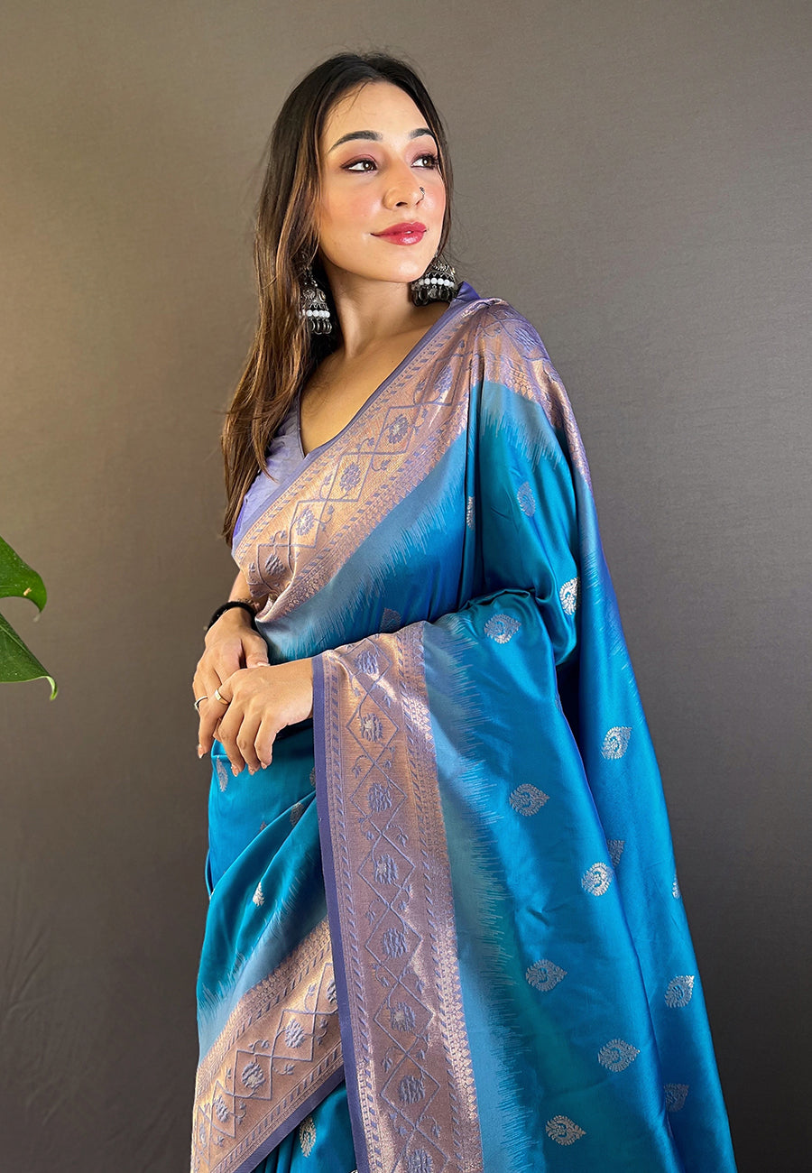 Blue Soft Silk Zari Woven Festival Wear Saree