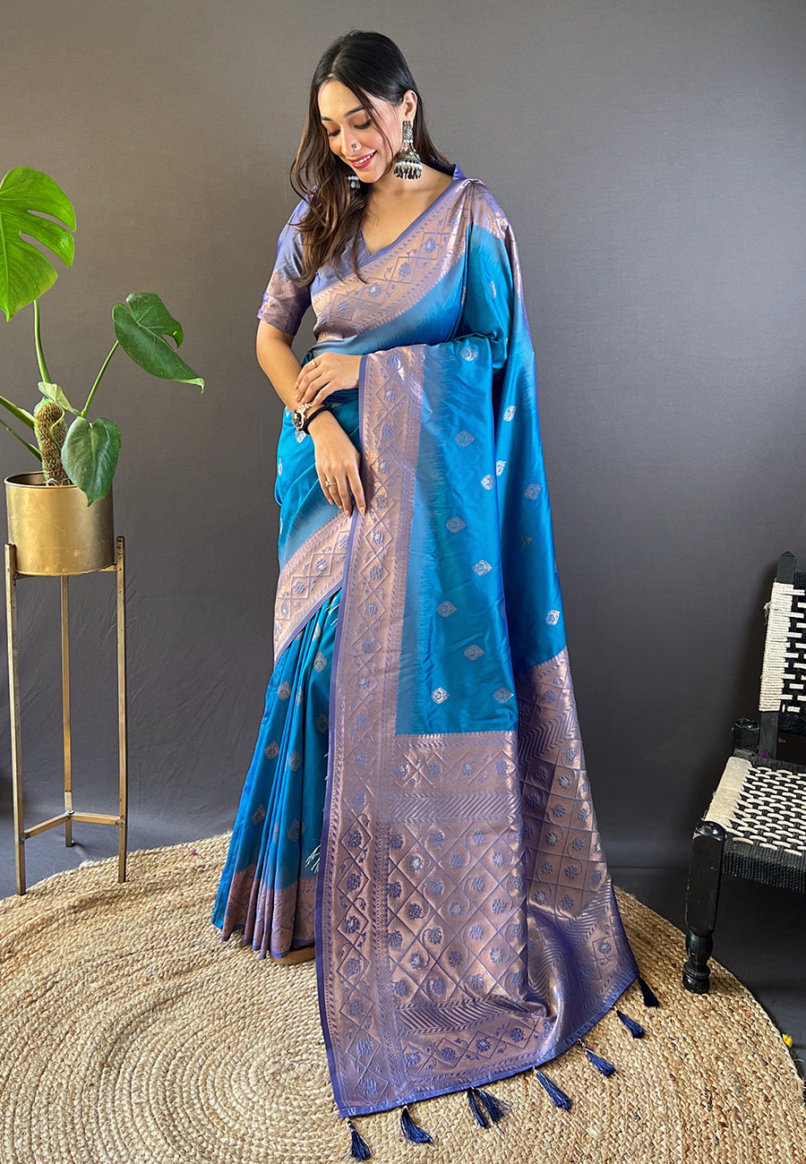 Blue Soft Silk Zari Woven Festival Wear Saree