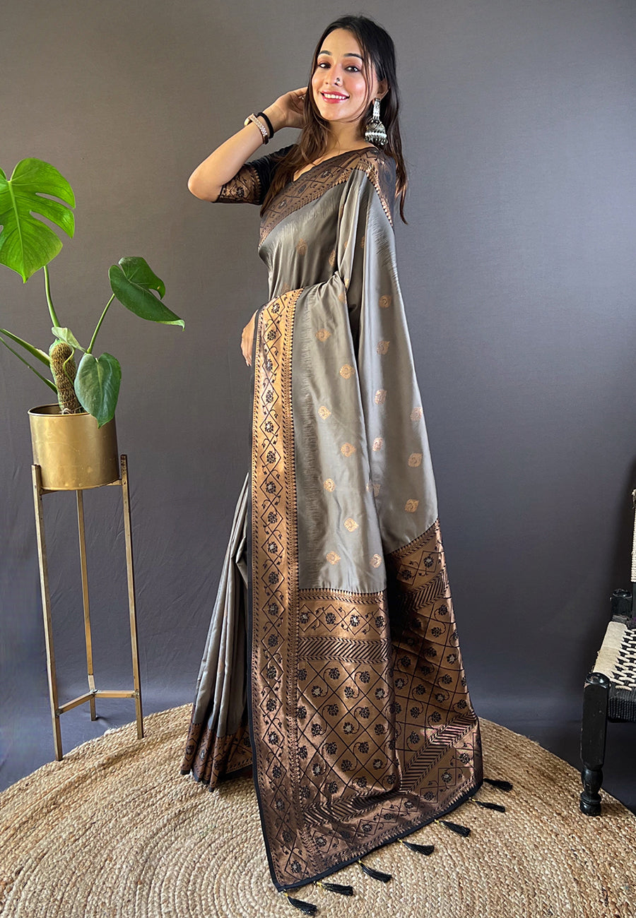 Grey Soft Silk Zari Woven Festival Wear Saree