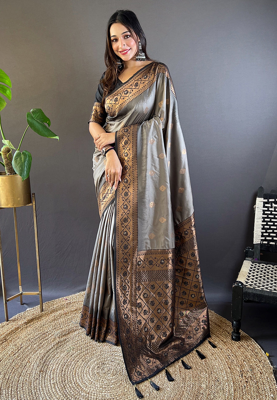 Grey Soft Silk Zari Woven Festival Wear Saree