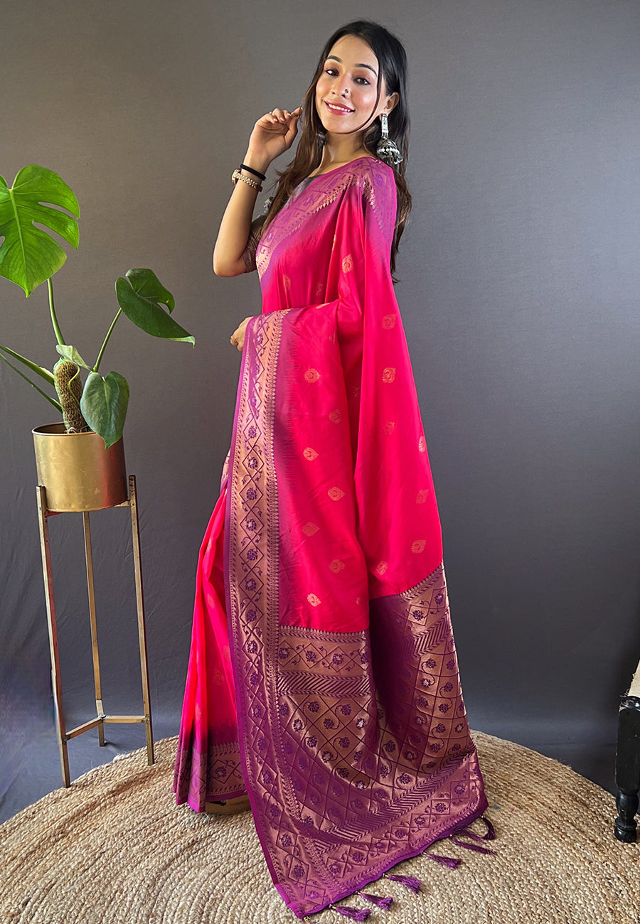 Pink Soft Silk Zari Woven Festival Wear Saree